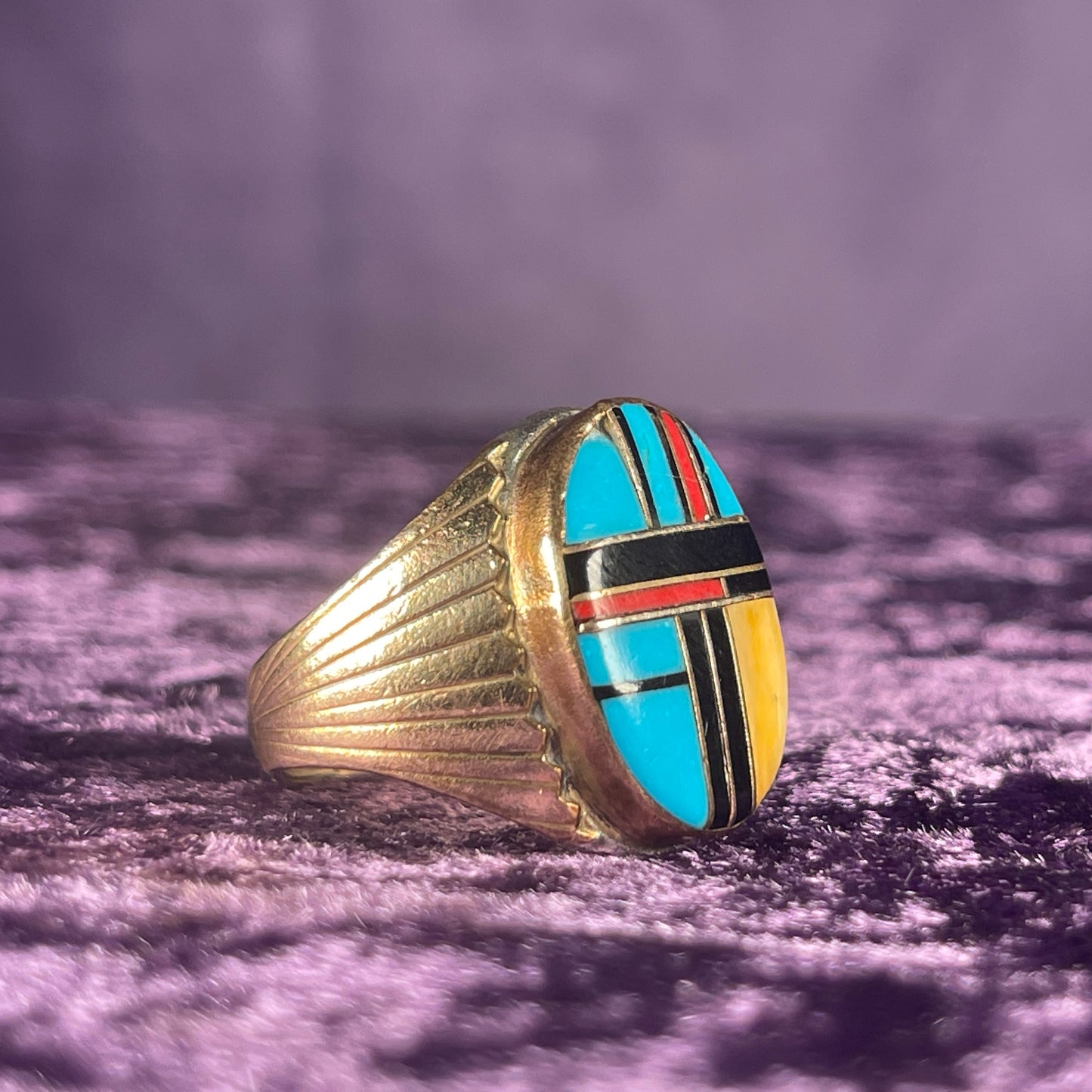 Native American Vintage Zuni Turquoise Jet Mother Pearl Sterling Silver 925 Ring Size T / 9.5 
