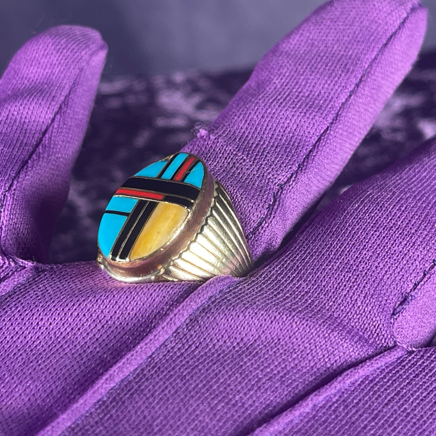 Native American Vintage Zuni Turquoise Jet Mother Pearl Sterling Silver 925 Ring Size T / 9.5 