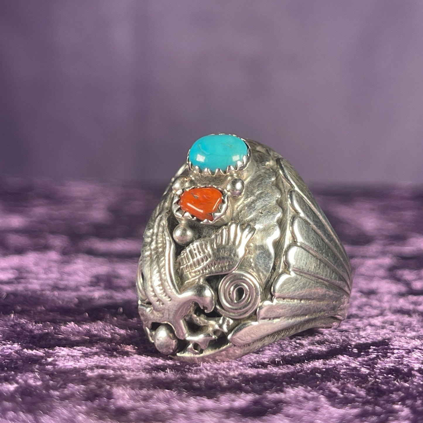 Native American Navajo Eagle Turquoise Coral Sterling Silver 925 Ring Size X / 11.5