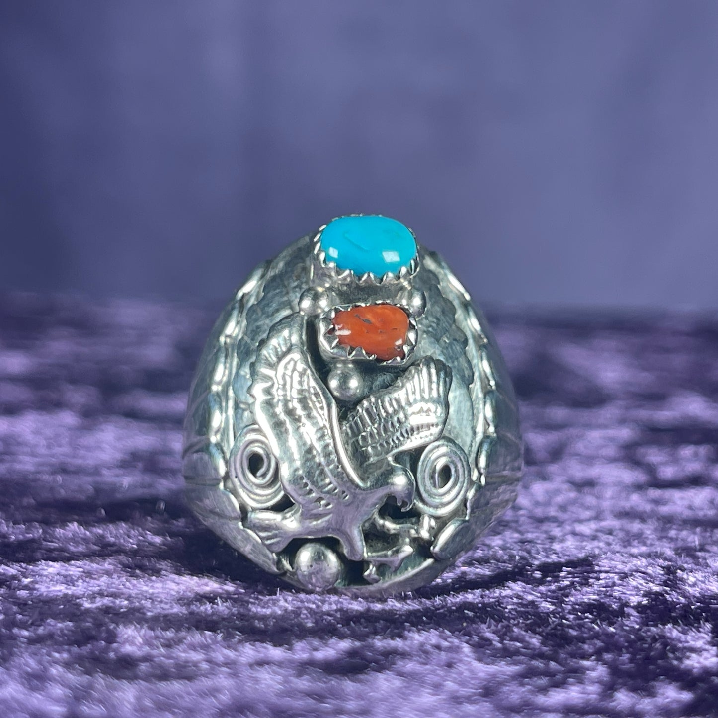 Native American Navajo Eagle Turquoise Coral Sterling Silver 925 Ring Size X / 11.5