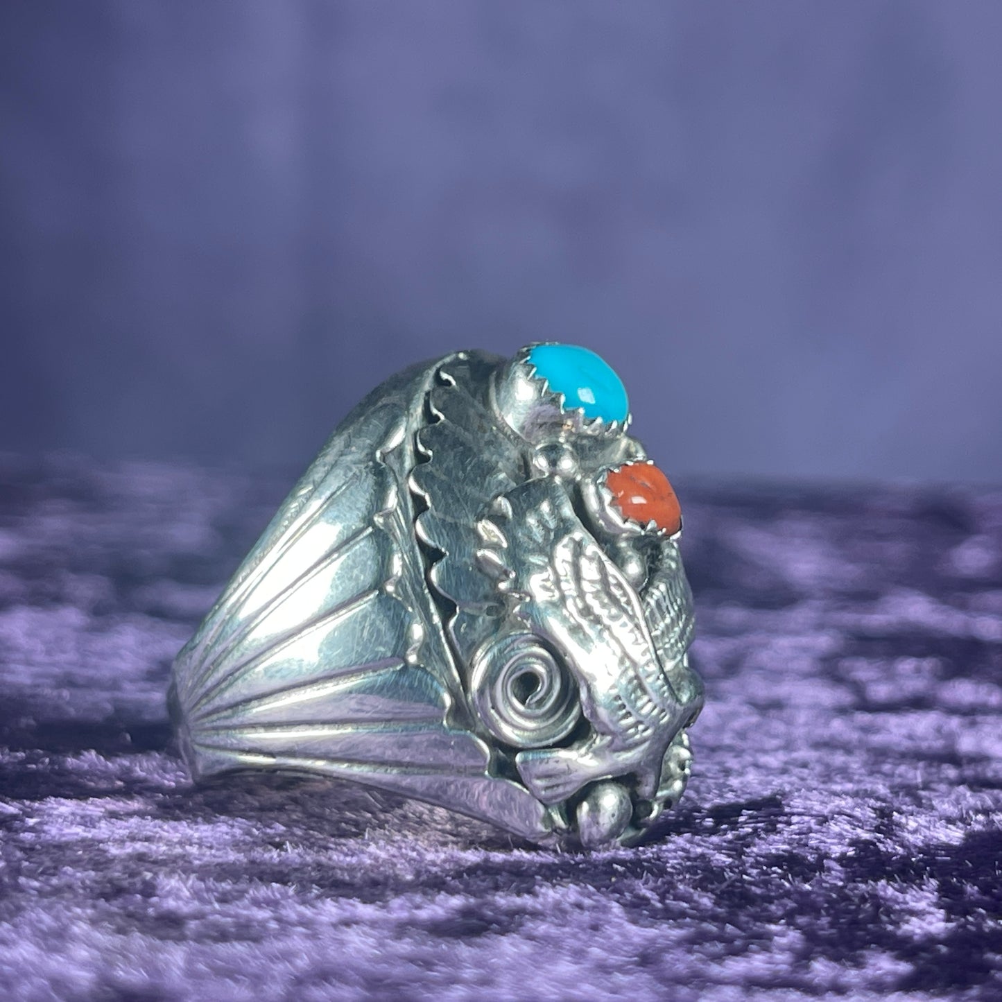 Native American Navajo Eagle Turquoise Coral Sterling Silver 925 Ring Size X / 11.5