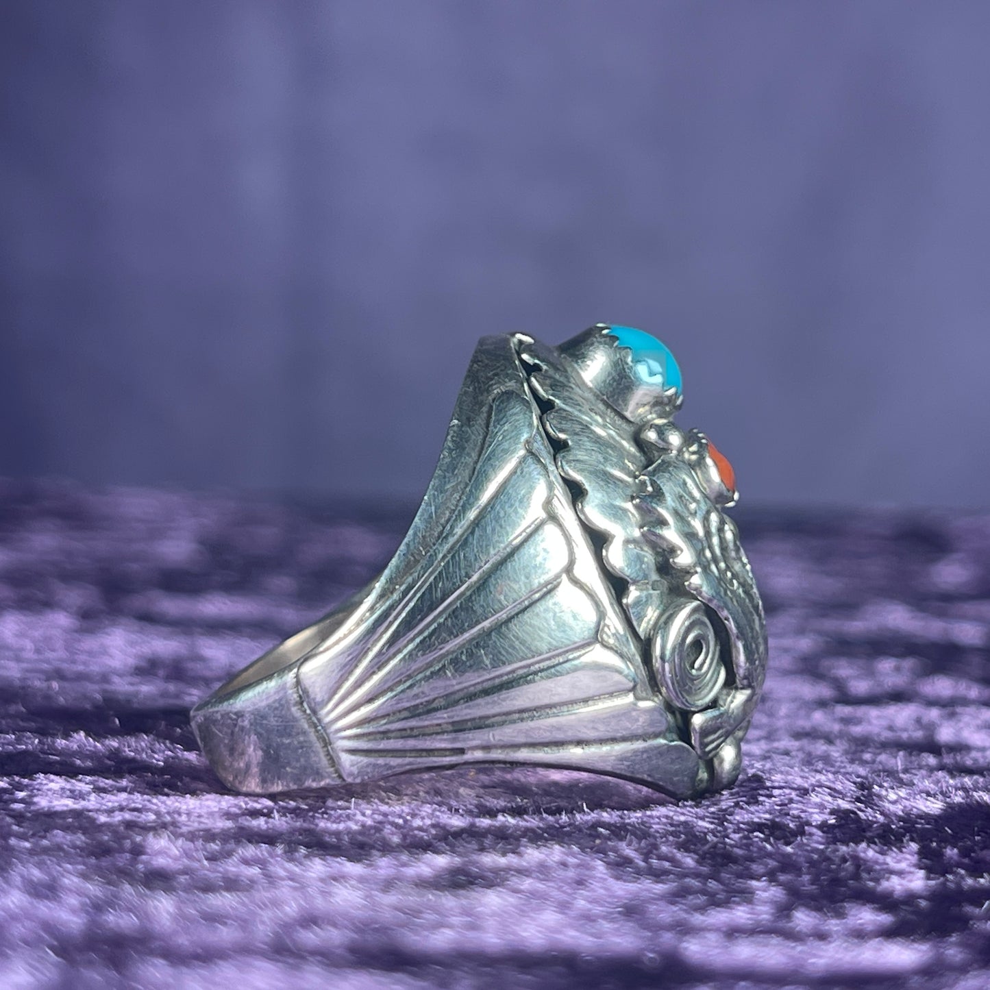 Native American Navajo Eagle Turquoise Coral Sterling Silver 925 Ring Size X / 11.5