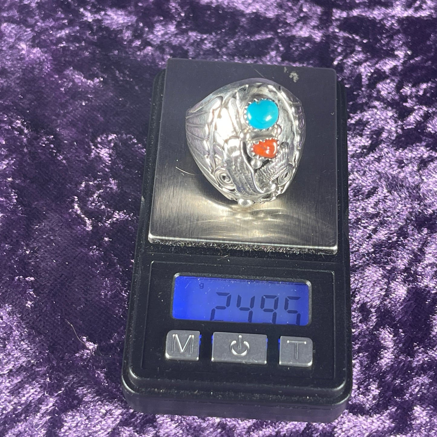 Native American Navajo Eagle Turquoise Coral Sterling Silver 925 Ring Size X / 11.5