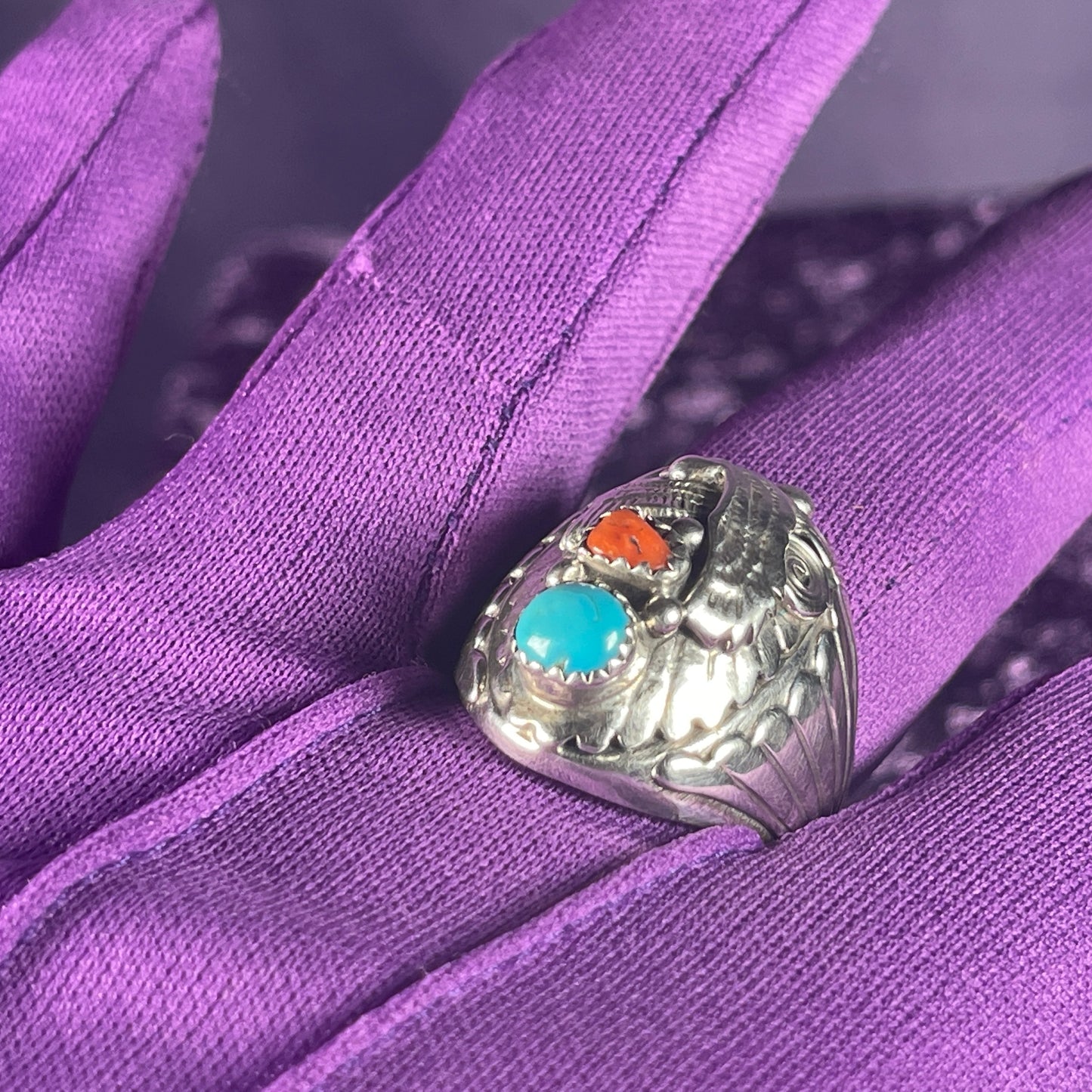 Native American Navajo Eagle Turquoise Coral Sterling Silver 925 Ring Size X / 11.5