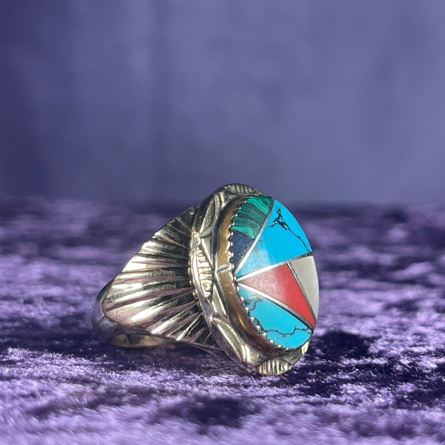 Native American Navajo Turquoise Coral Sterling Silver 925 Ring Size W 1/2 / 11.25