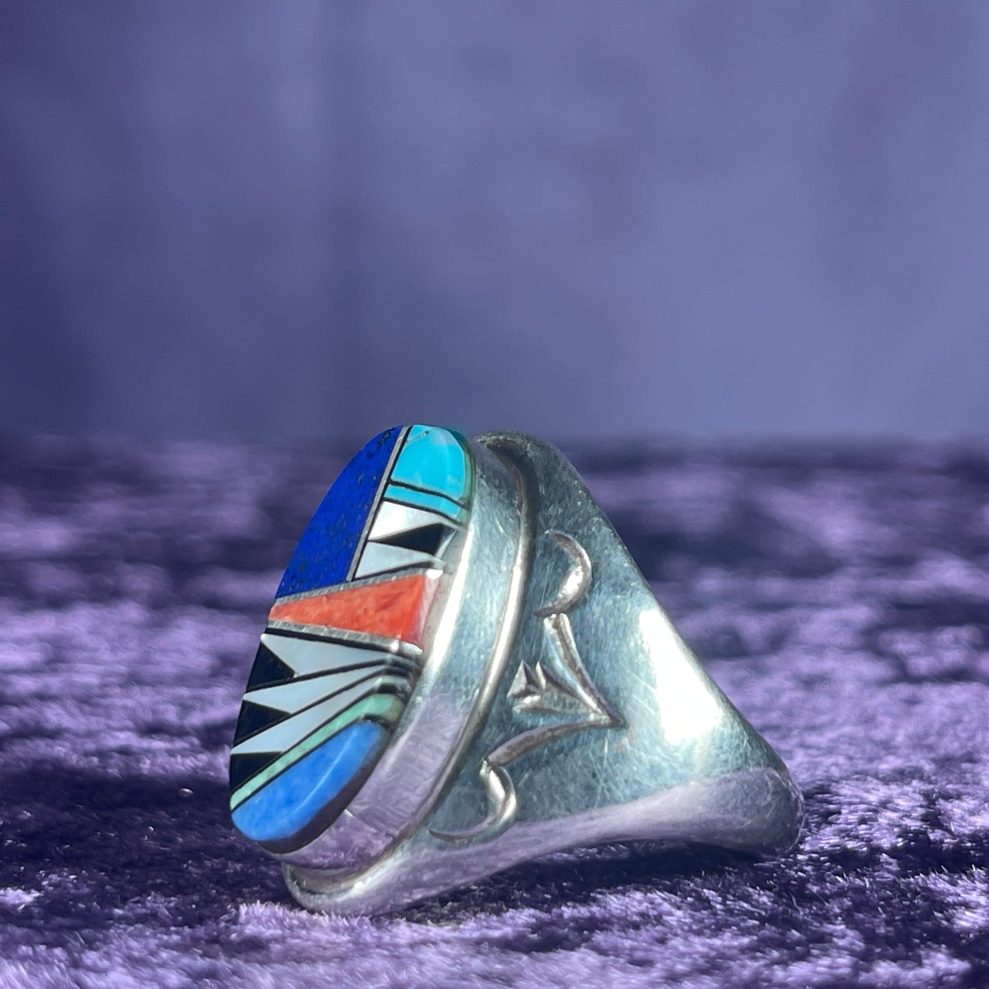 Native American Zuni Lapis Turquoise Mother of Pearl Coral Sterling Silver 925 Ring Size U 1/2 / 10.25