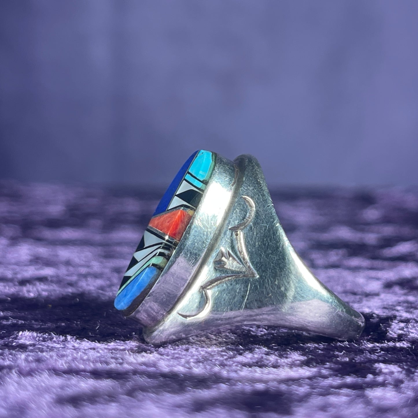 Native American Zuni Lapis Turquoise Mother of Pearl Coral Sterling Silver 925 Ring Size U 1/2 / 10.25