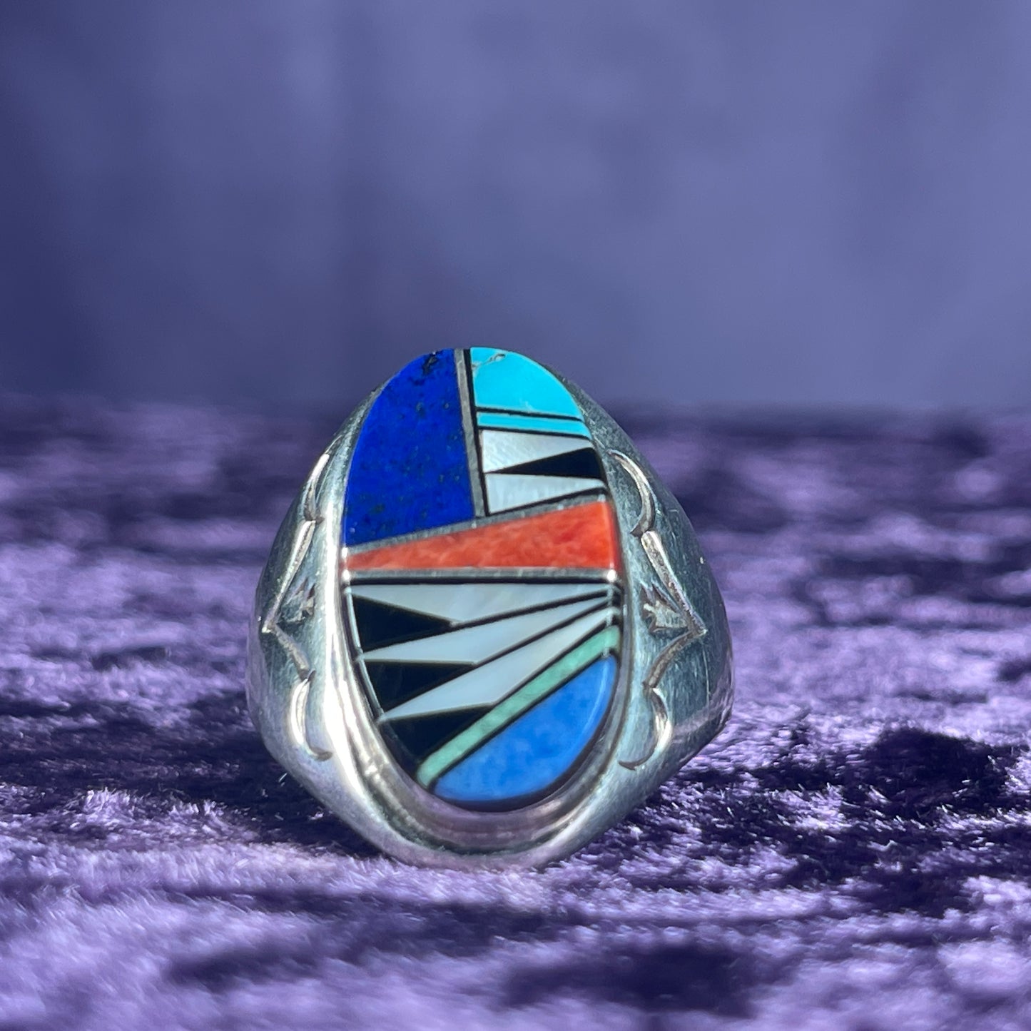 Native American Zuni Lapis Turquoise Mother of Pearl Coral Sterling Silver 925 Ring Size U 1/2 / 10.25