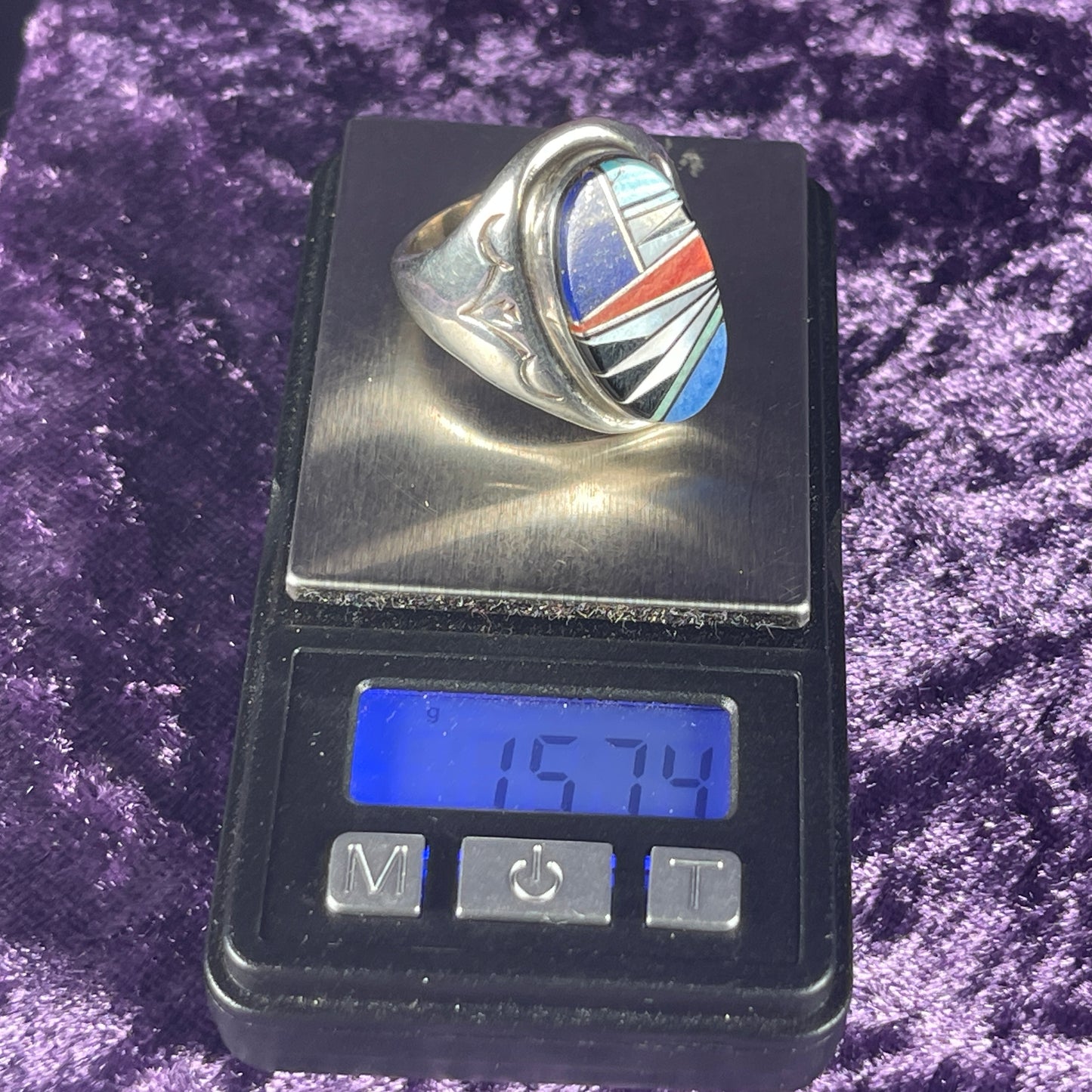Native American Zuni Lapis Turquoise Mother of Pearl Coral Sterling Silver 925 Ring Size U 1/2 / 10.25