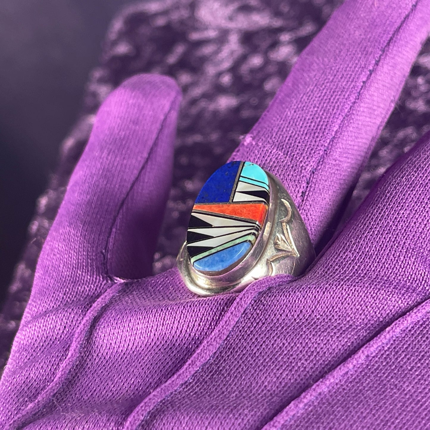 Native American Zuni Lapis Turquoise Mother of Pearl Coral Sterling Silver 925 Ring Size U 1/2 / 10.25