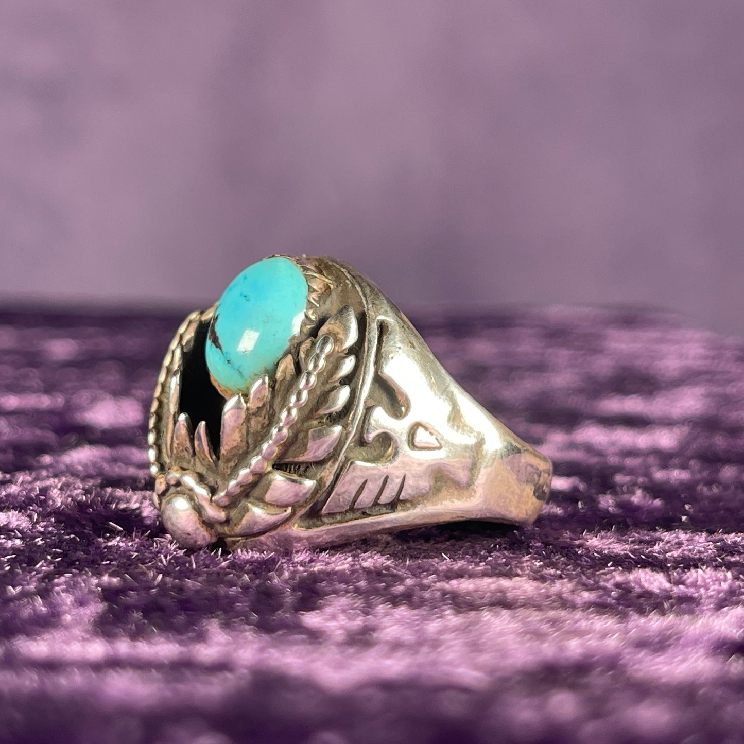 Vintage Navajo Thunderbird Eagle Turquoise Sterling Silver Ring Size Y / 12 