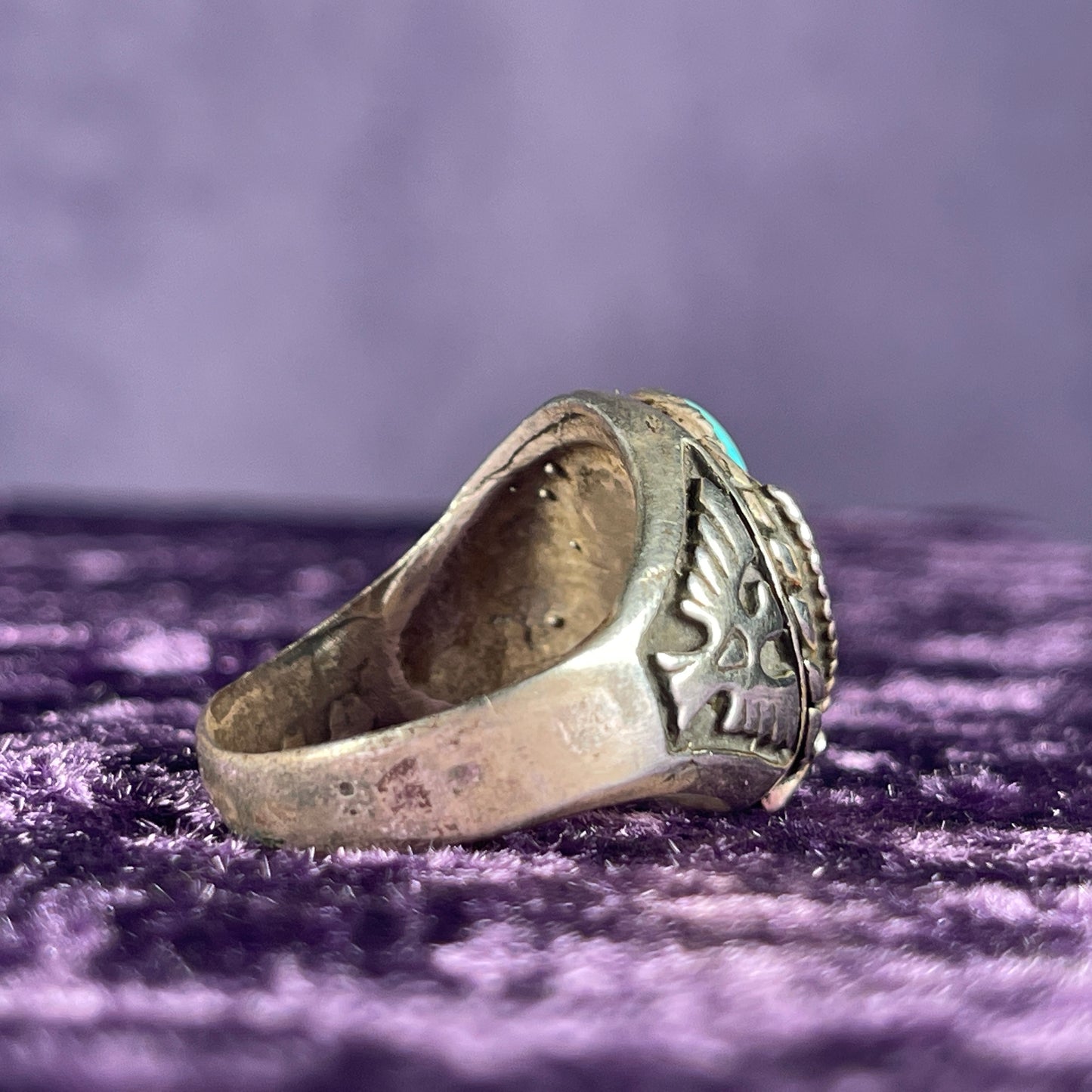 Vintage Navajo Thunderbird Eagle Turquoise Sterling Silver Ring Size Y / 12 