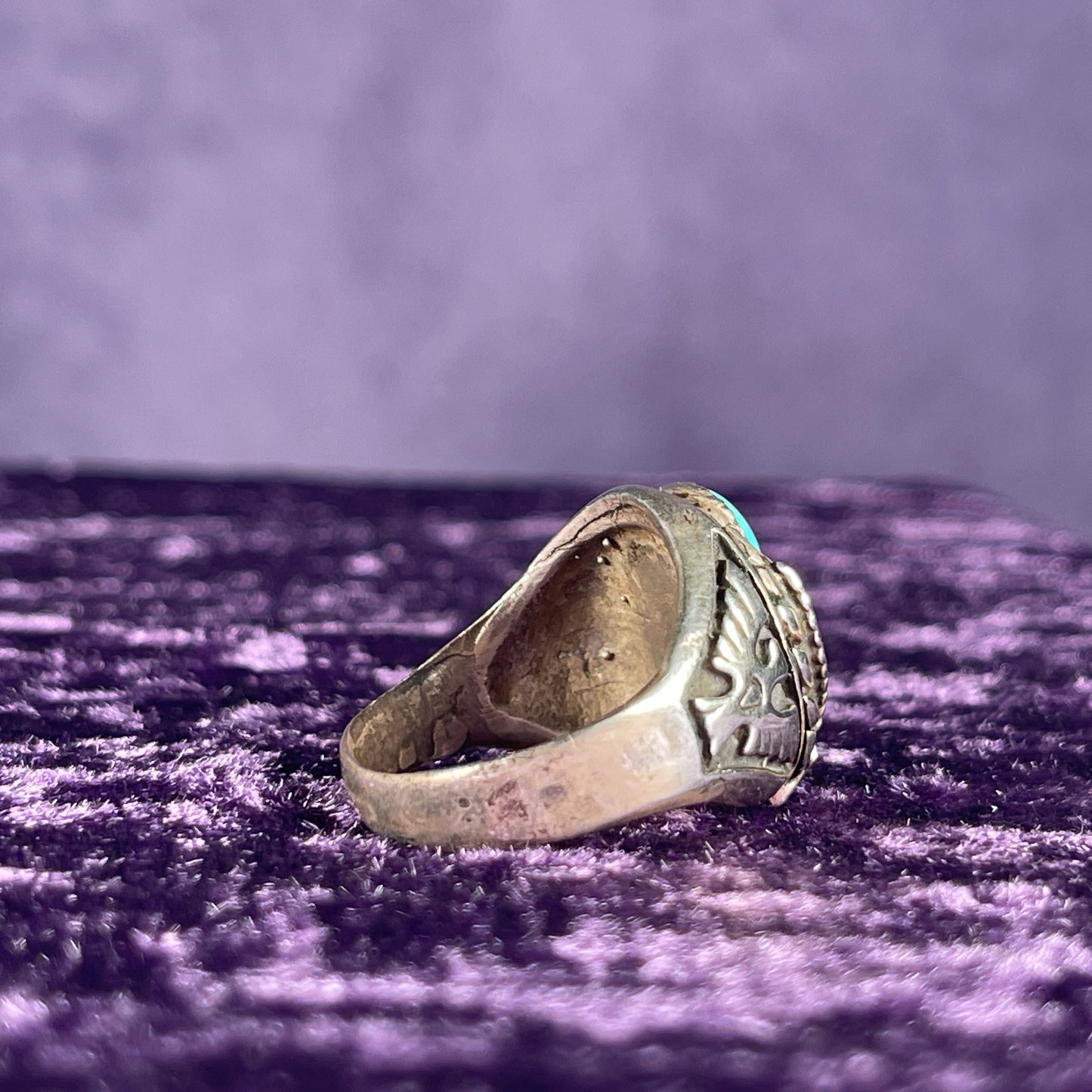 Vintage Navajo Thunderbird Eagle Turquoise Sterling Silver Ring Size Y / 12 