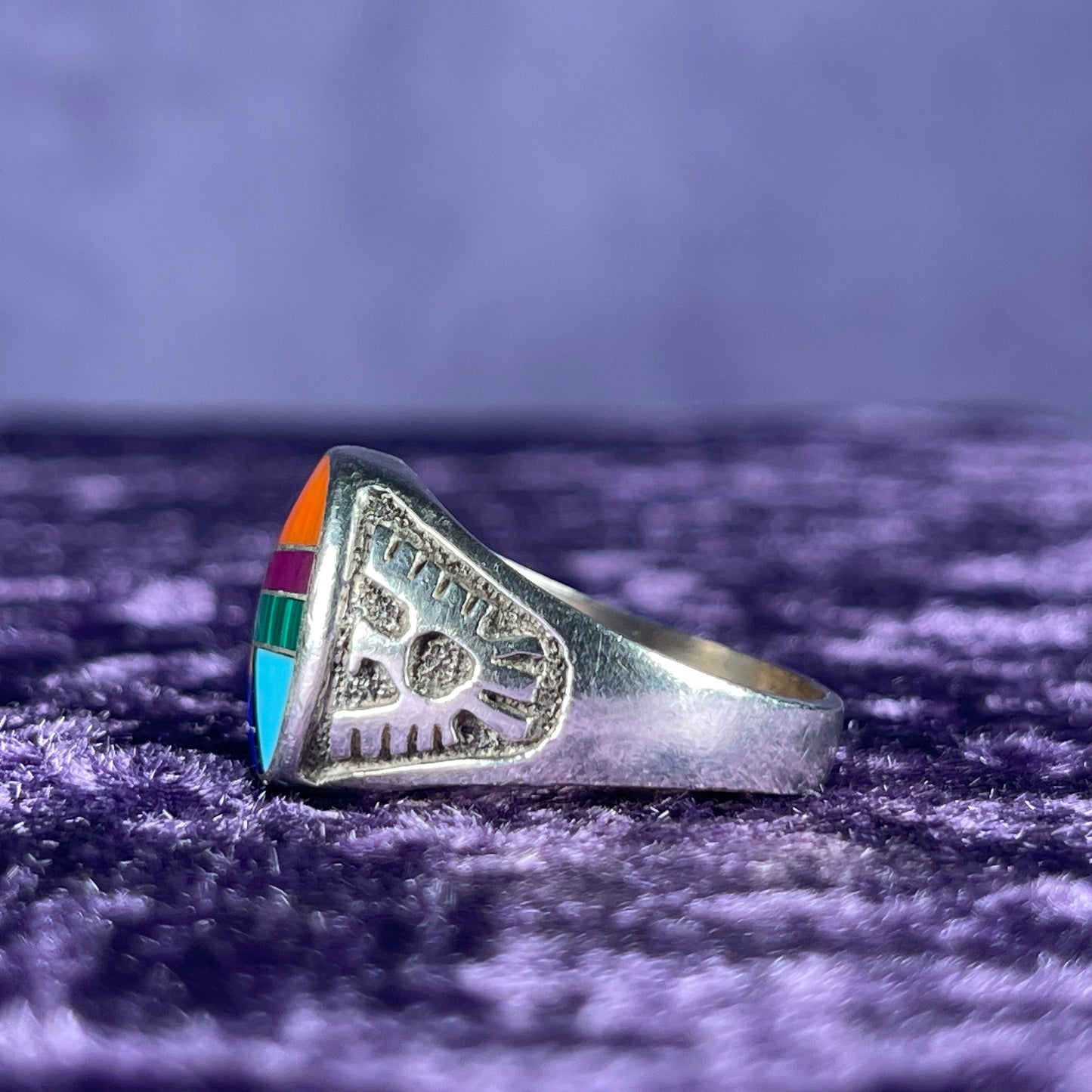 Vintage Navajo Thunderbird Multistone Sterling Silver Ring Size W / 11