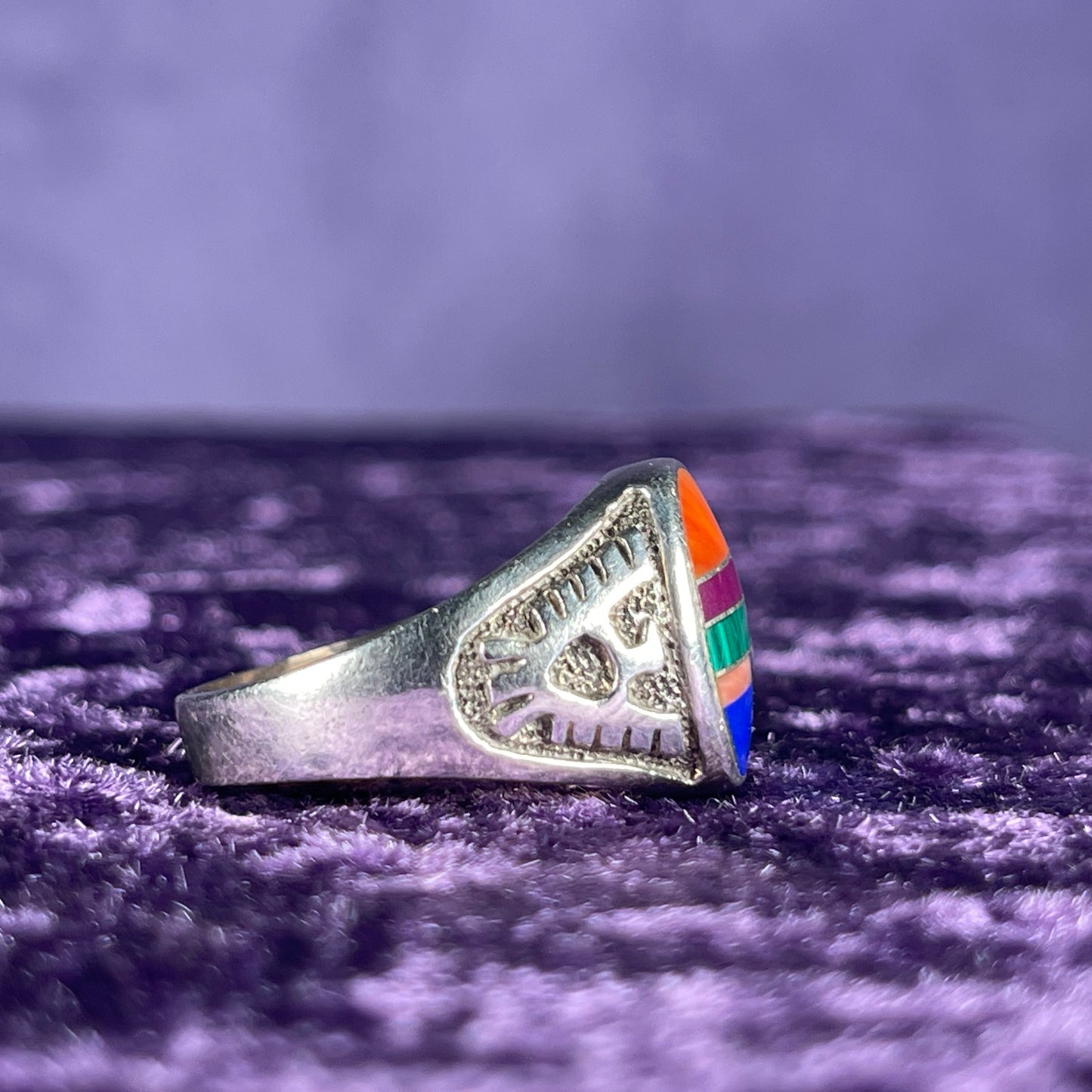 Vintage Navajo Thunderbird Multistone Sterling Silver Ring Size W / 11