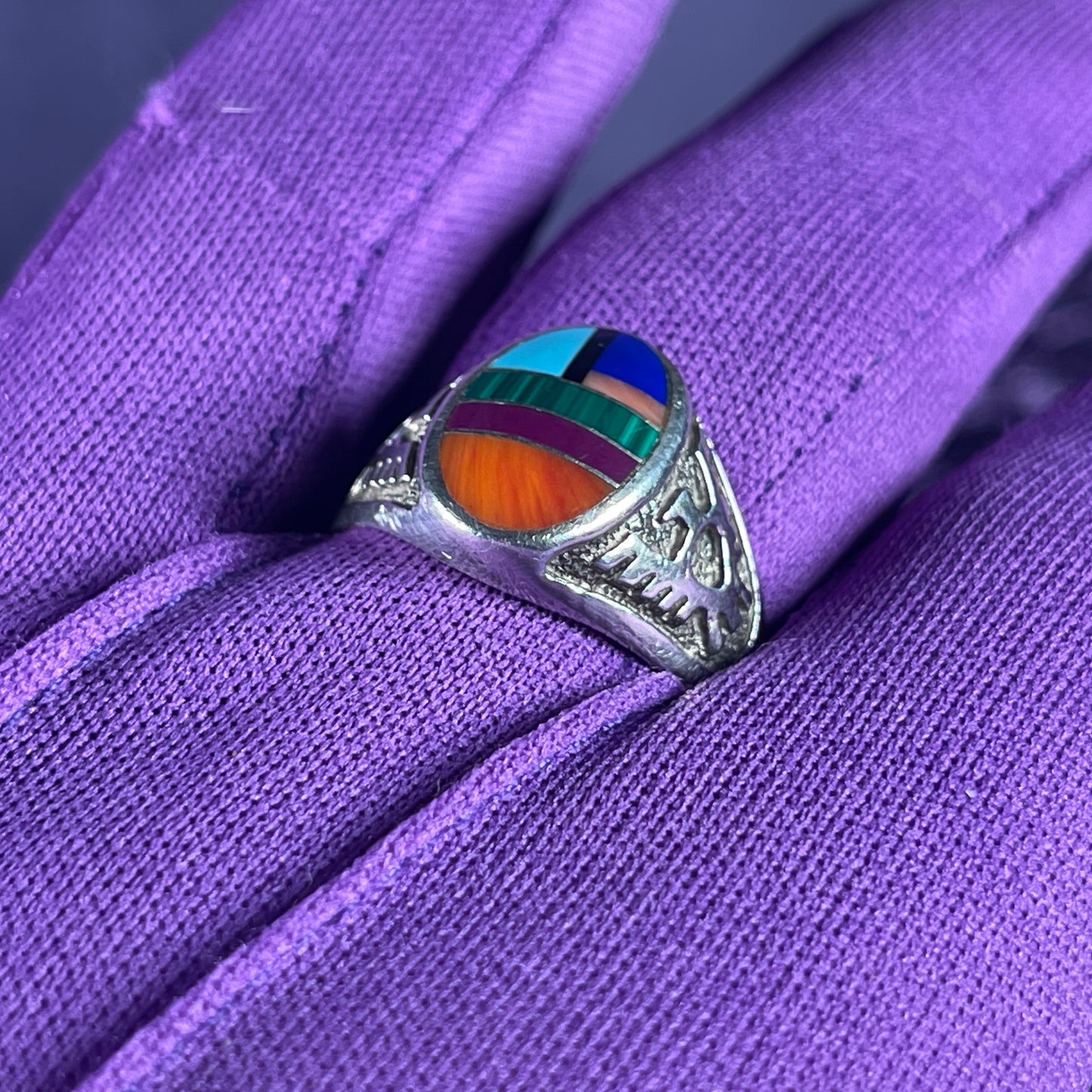 Vintage Navajo Thunderbird Multistone Sterling Silver Ring Size W / 11