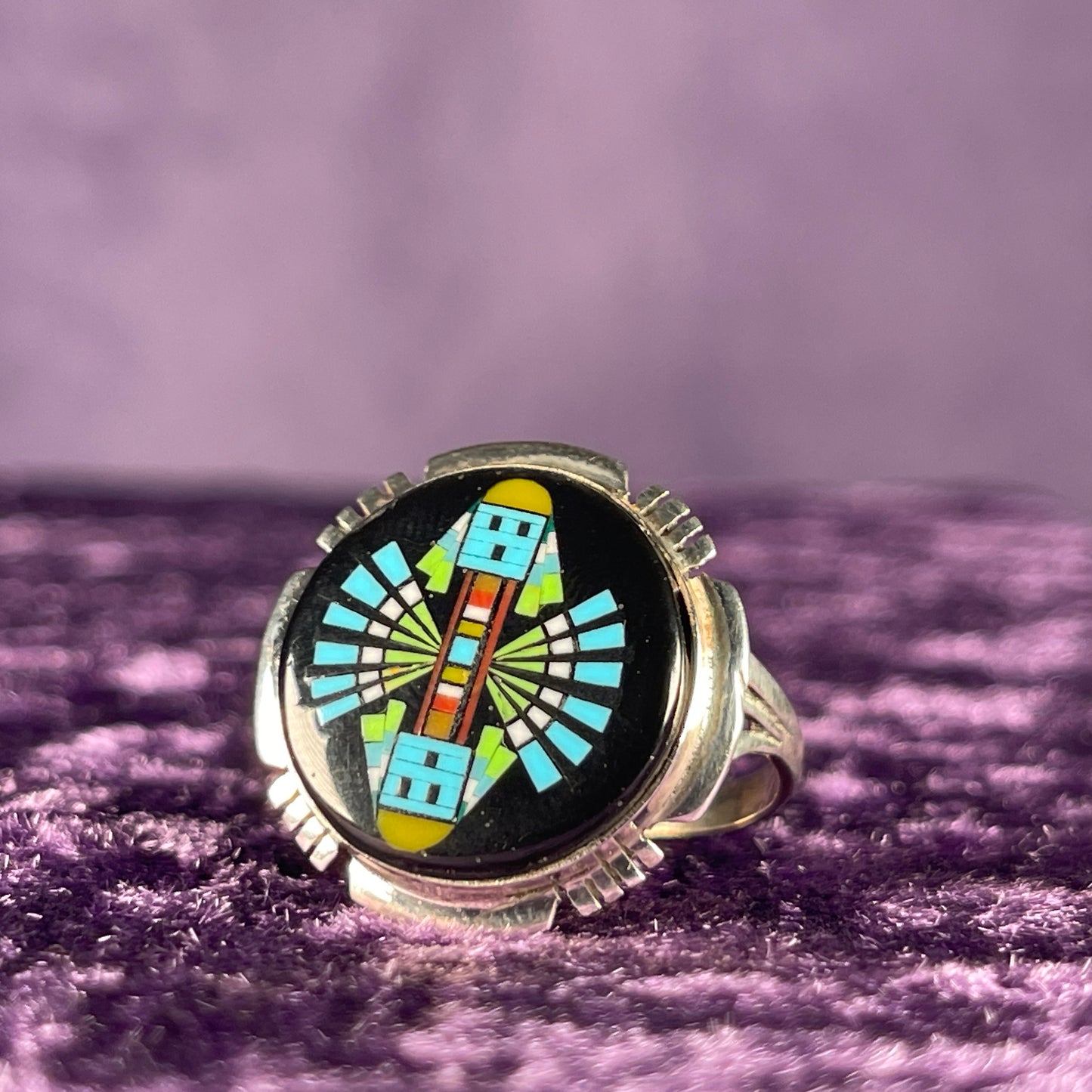 Vintage Cherokee Navajo Double Kachina Turquoise Sterling Silver 925 Ring Size X / 11.5