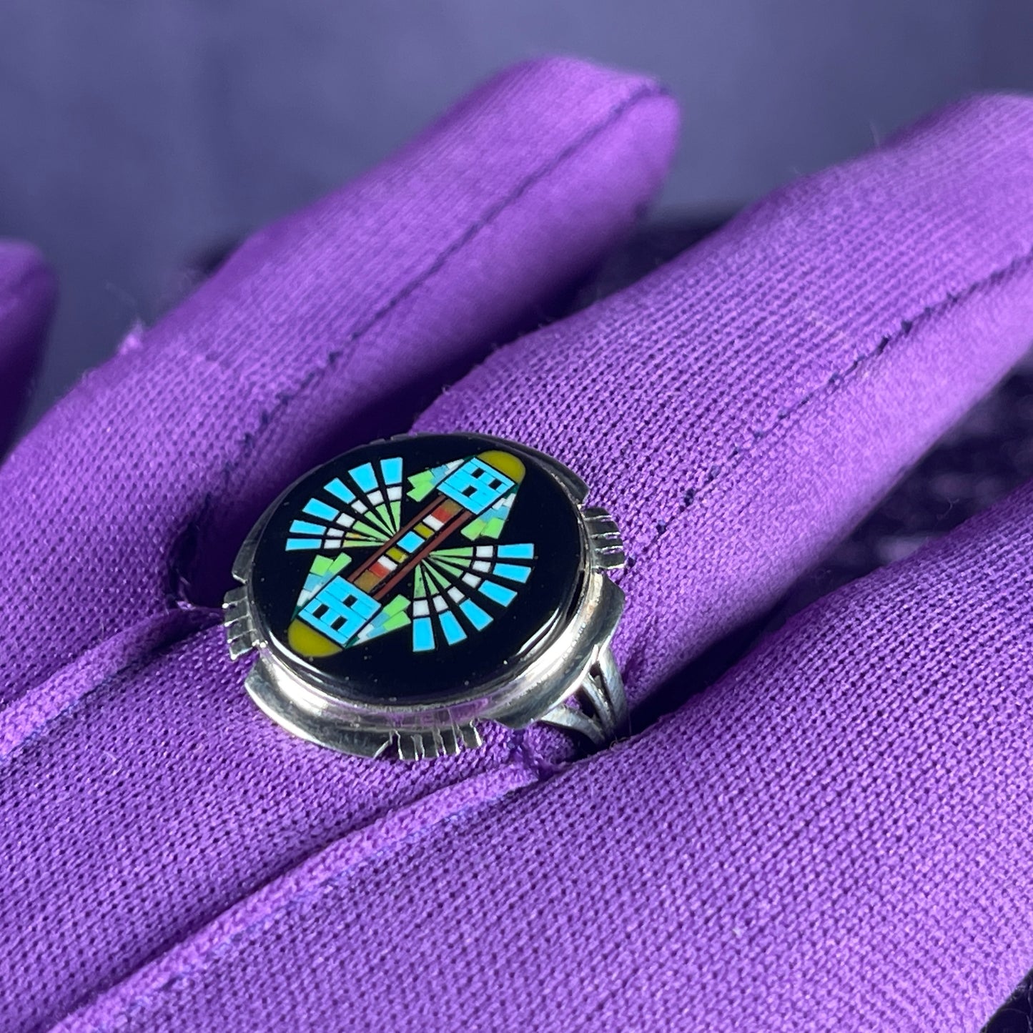 Vintage Cherokee Navajo Double Kachina Turquoise Sterling Silver 925 Ring Size X / 11.5
