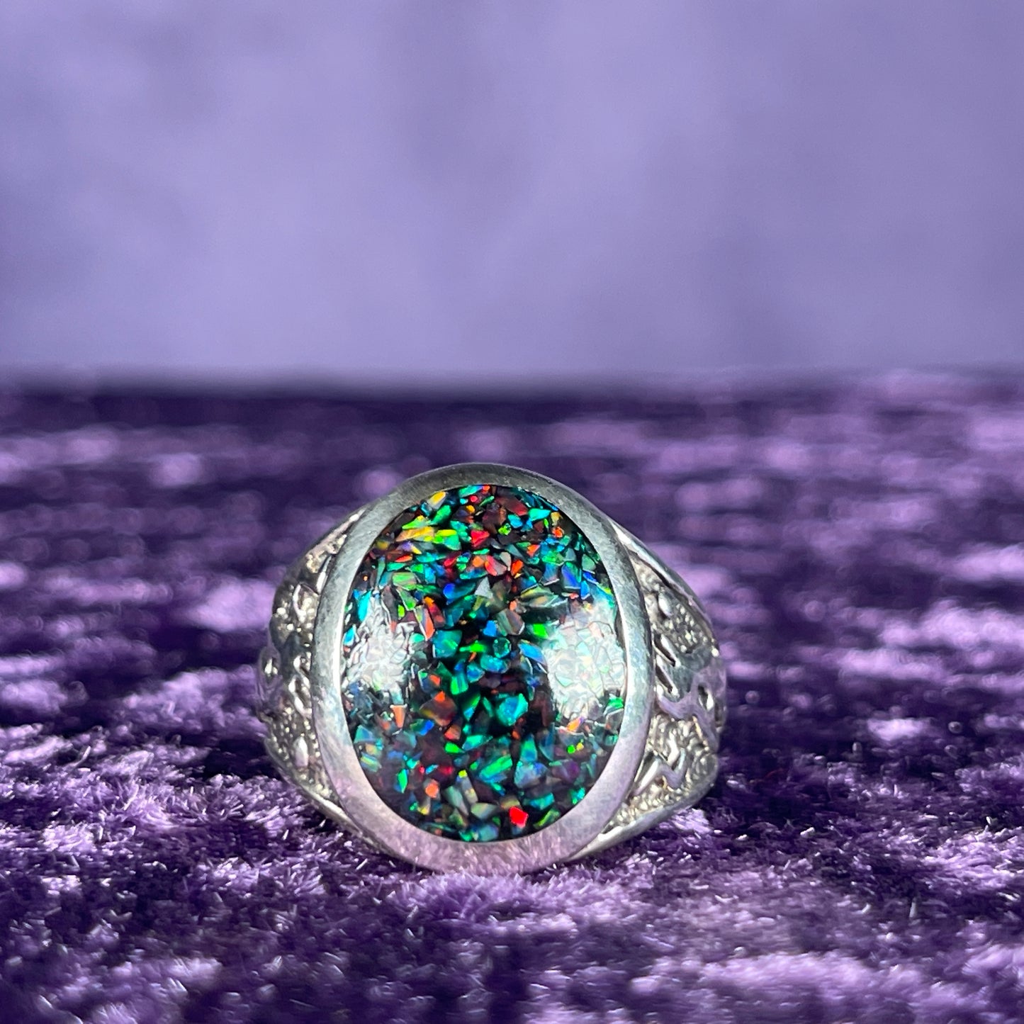 Native American Contemporary Navajo Harlequin Black Opal 925 Silver Ring Size U / 10