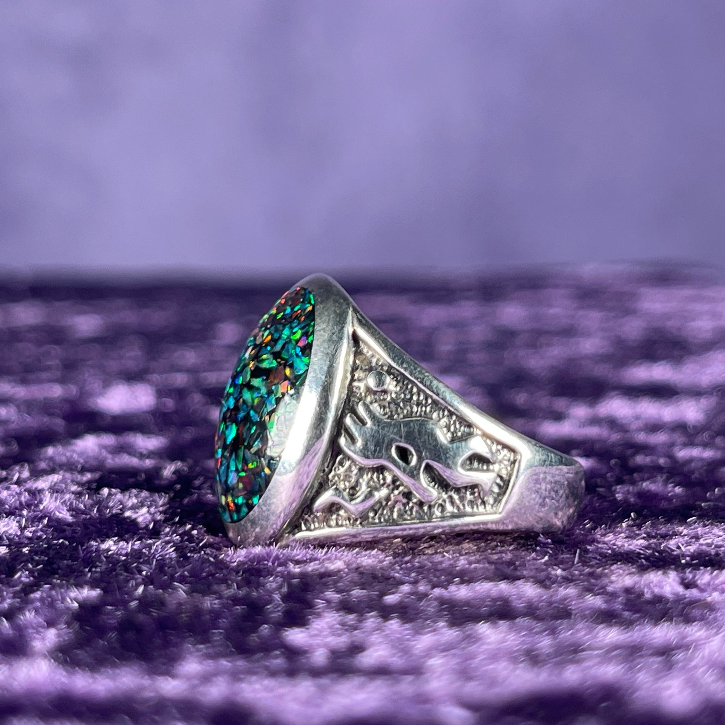 Native American Contemporary Navajo Harlequin Black Opal 925 Silver Ring Size U / 10