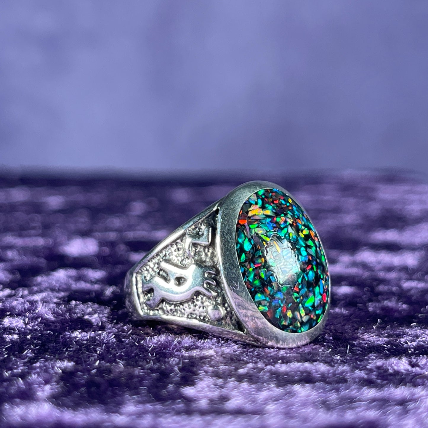 Native American Contemporary Navajo Harlequin Black Opal 925 Silver Ring Size U / 10