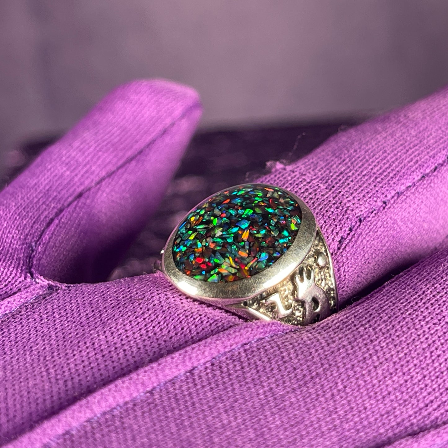Native American Contemporary Navajo Harlequin Black Opal 925 Silver Ring Size U / 10