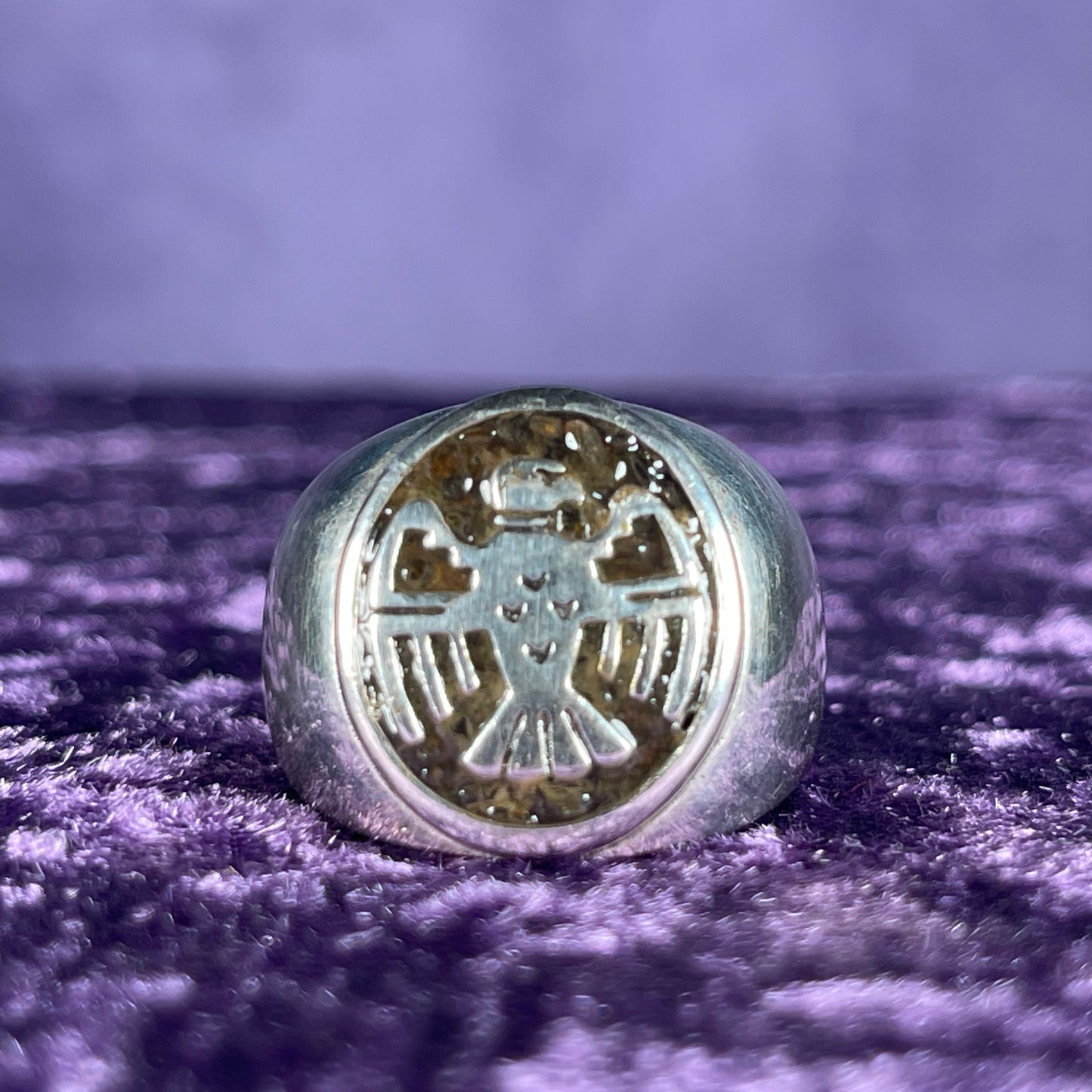 Native American Contemporary Navajo Pallasite Meteorite Thunderbird 925 Silver Ring Size Z / 12.5