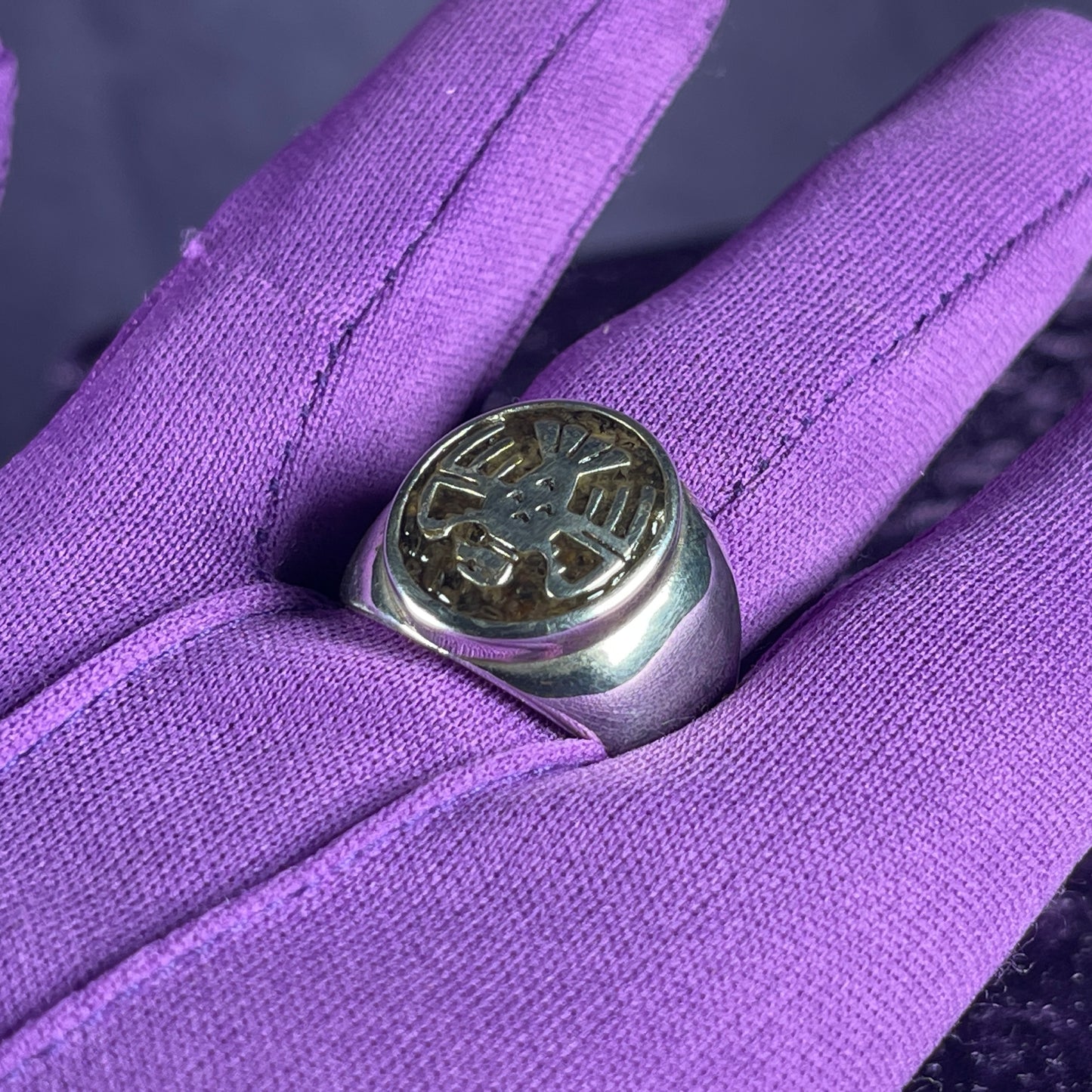 Native American Contemporary Navajo Pallasite Meteorite Thunderbird 925 Silver Ring Size Z / 12.5