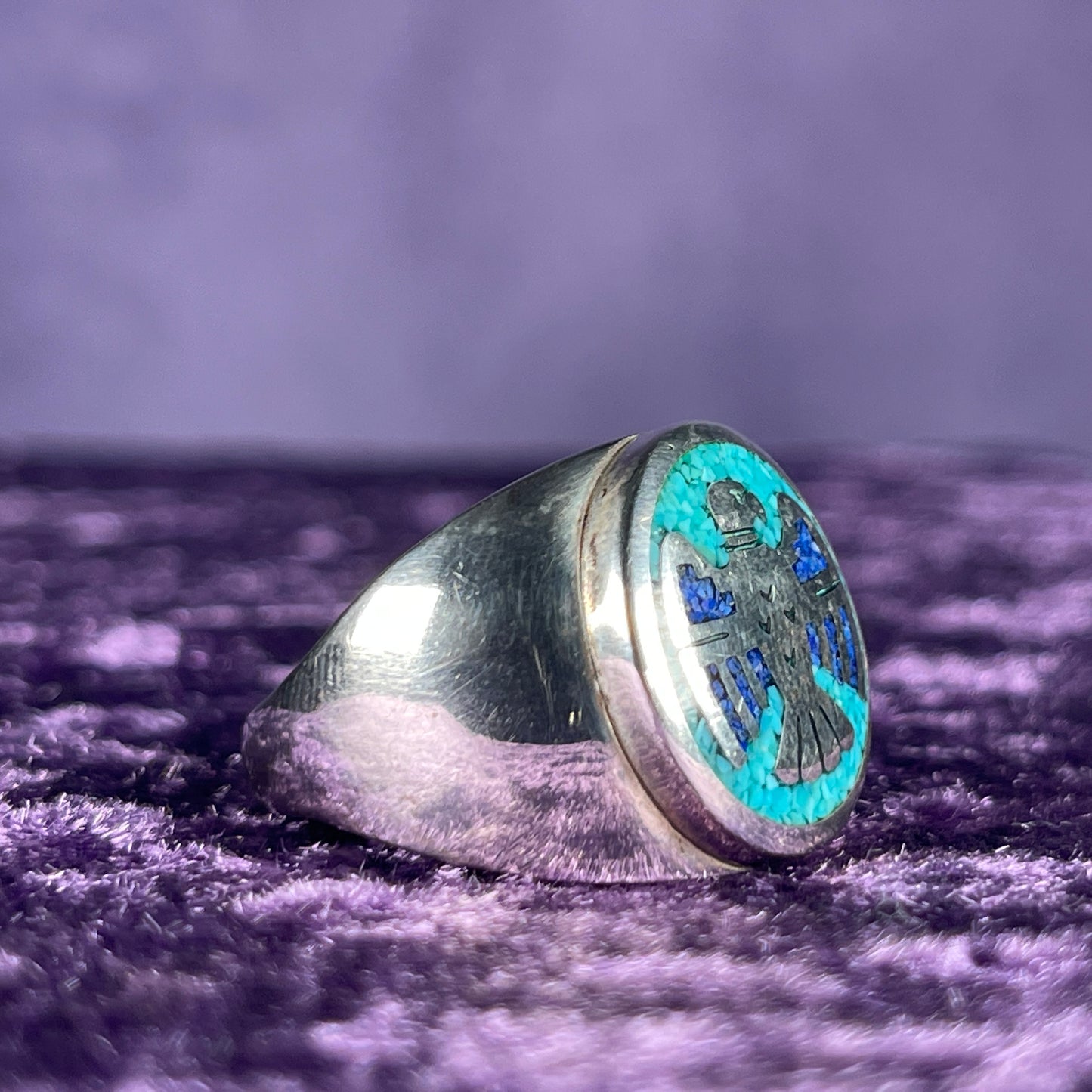 Native American Contemporary Navajo Turquoise Lapis Thunderbird 925 Silver Ring Size Z / 12 1/2