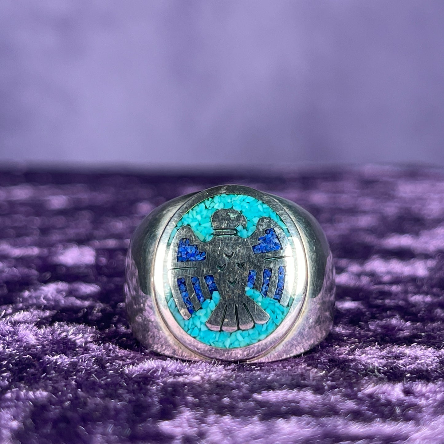 Native American Contemporary Navajo Turquoise Lapis Thunderbird 925 Silver Ring Size Z / 12 1/2