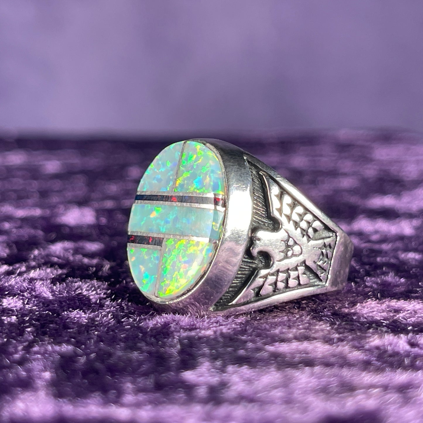 Native American Contemporary Navajo White Opal & Fire Opal Thunderbird 925 Silver Ring Size Z / 12.5 