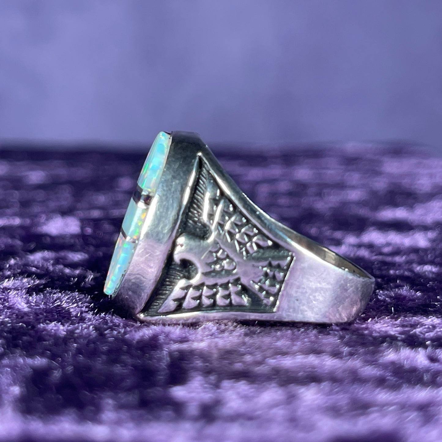 Native American Contemporary Navajo White Opal & Fire Opal Thunderbird 925 Silver Ring Size Z / 12.5 
