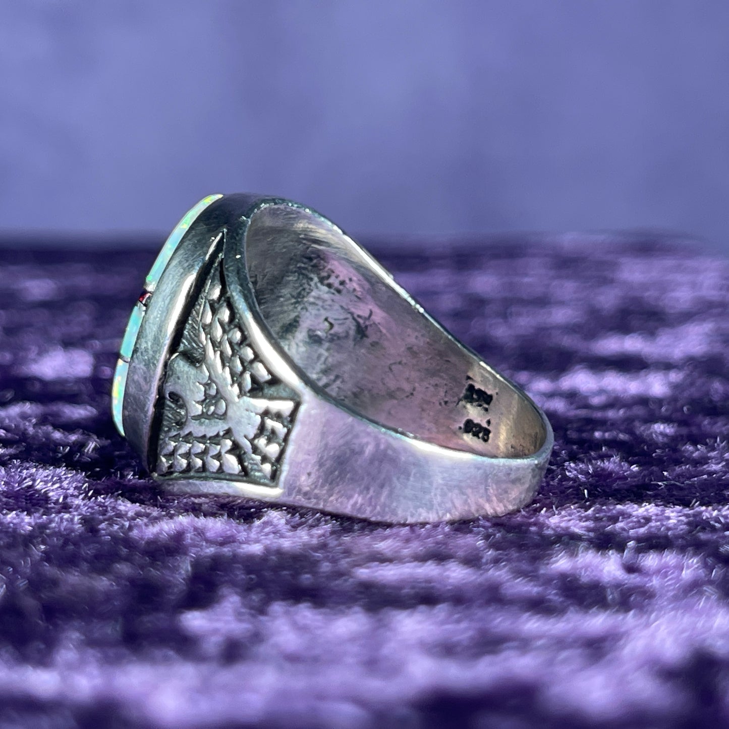 Native American Contemporary Navajo White Opal & Fire Opal Thunderbird 925 Silver Ring Size Z / 12.5 