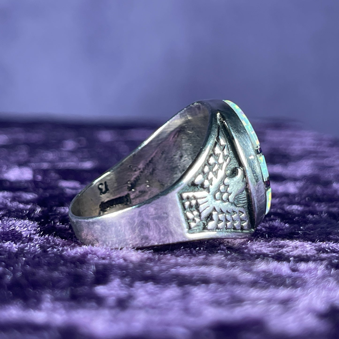Native American Contemporary Navajo White Opal & Fire Opal Thunderbird 925 Silver Ring Size Z / 12.5 