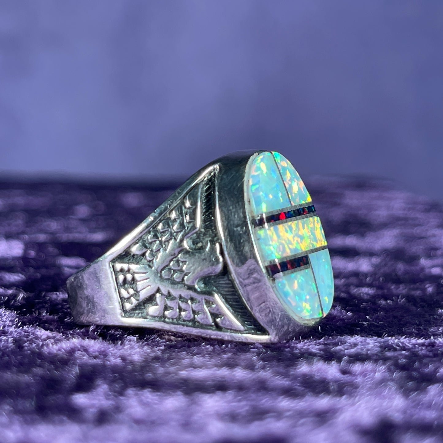 Native American Contemporary Navajo White Opal & Fire Opal Thunderbird 925 Silver Ring Size Z / 12.5 