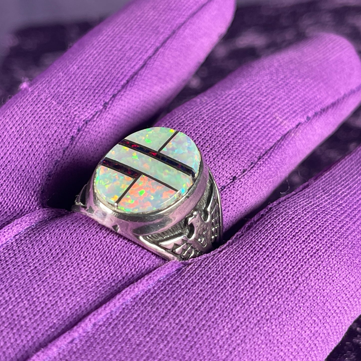 Native American Contemporary Navajo White Opal & Fire Opal Thunderbird 925 Silver Ring Size Z / 12.5 