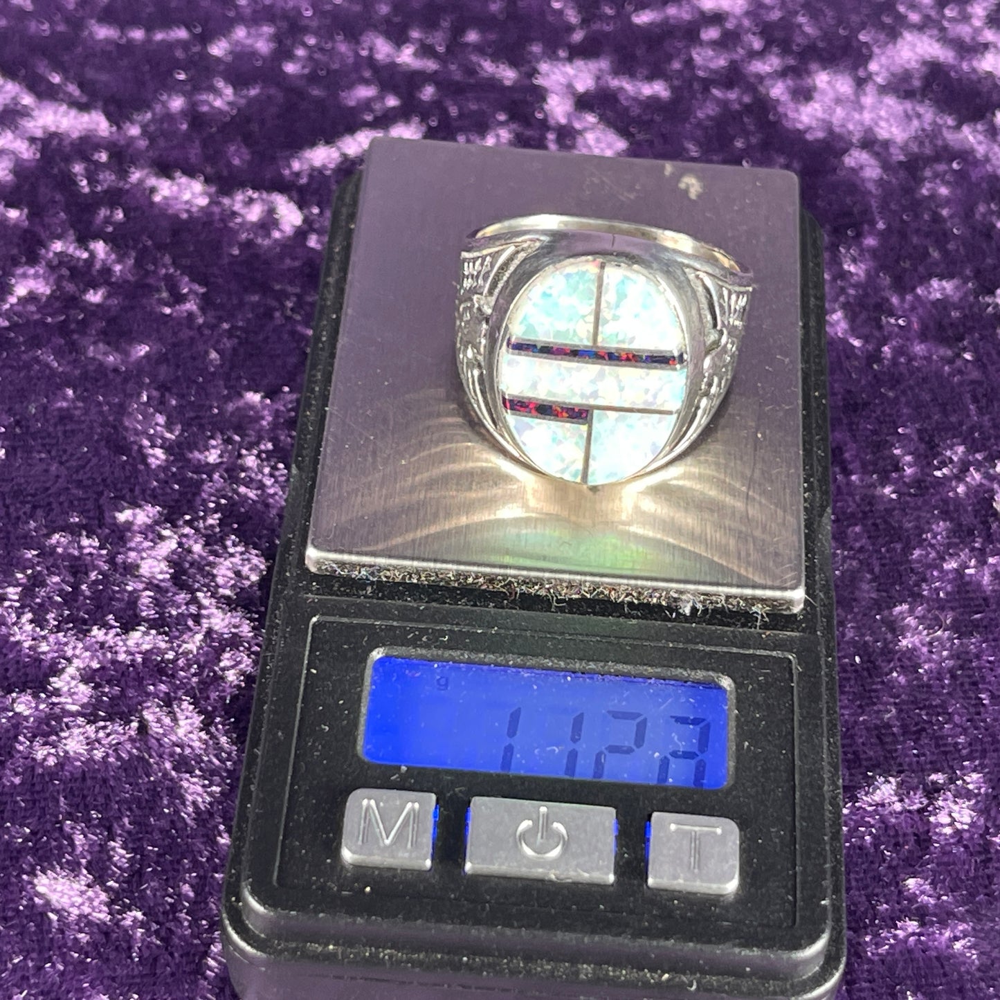 Native American Contemporary Navajo White Opal & Fire Opal Thunderbird 925 Silver Ring Size Z / 12.5 