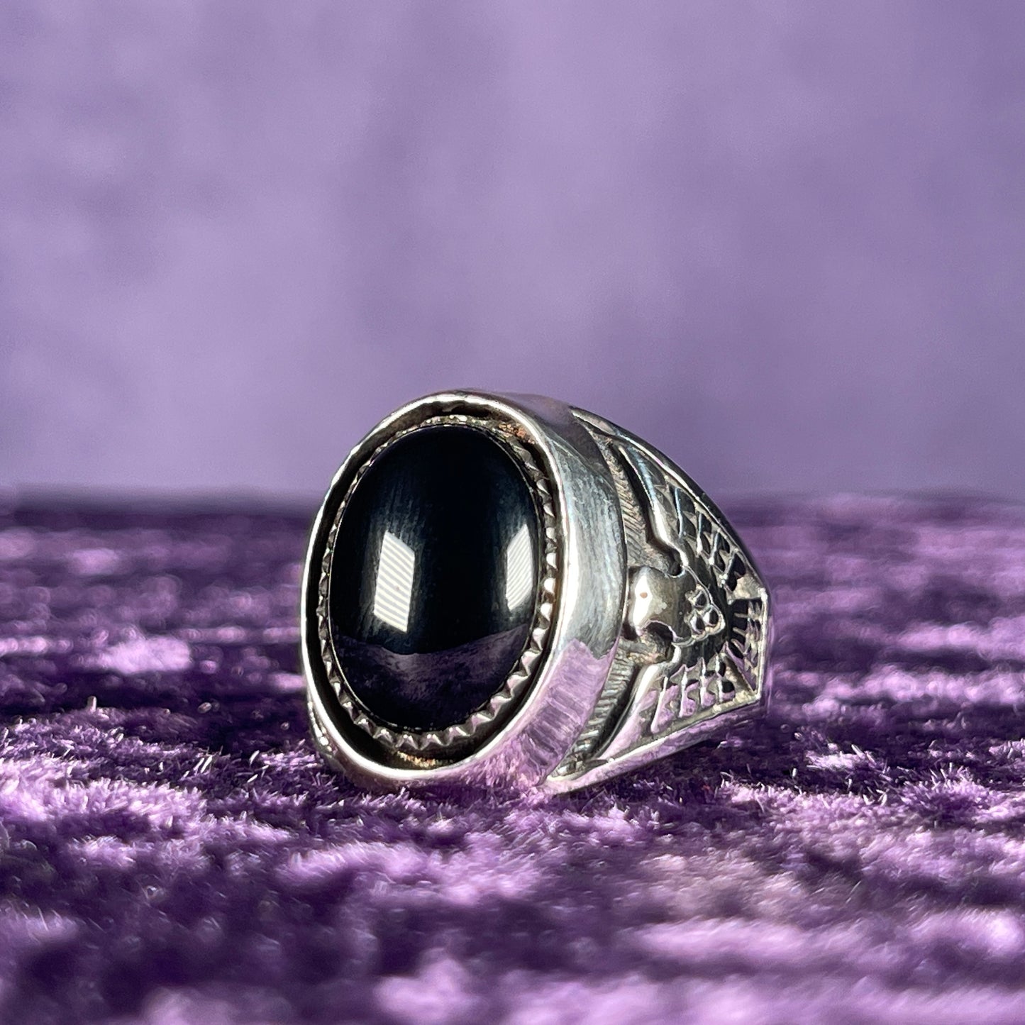 Native American Contemporary Navajo Onyx Shadow Box Thunderbird 925 Silver Ring Size Z + 1 / 13