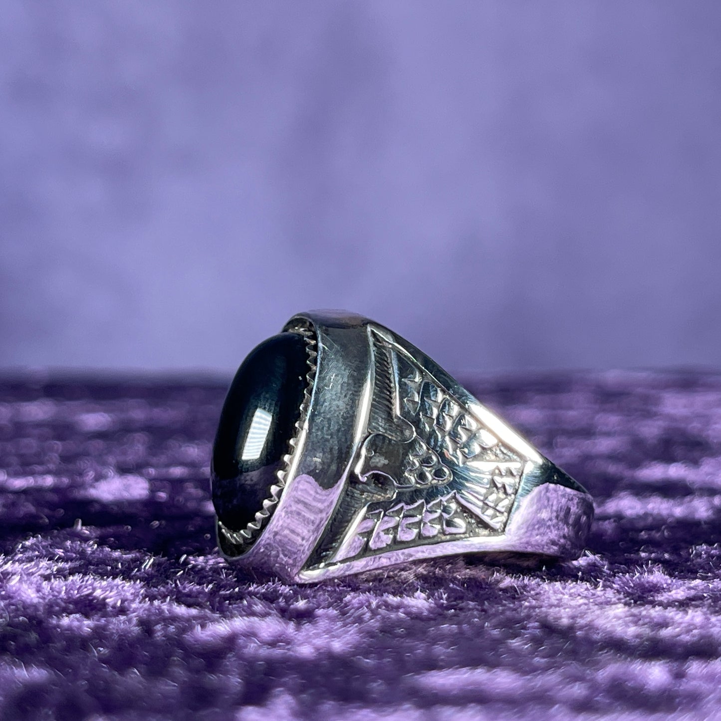 Native American Contemporary Navajo Onyx Shadow Box Thunderbird 925 Silver Ring Size Z + 1 / 13