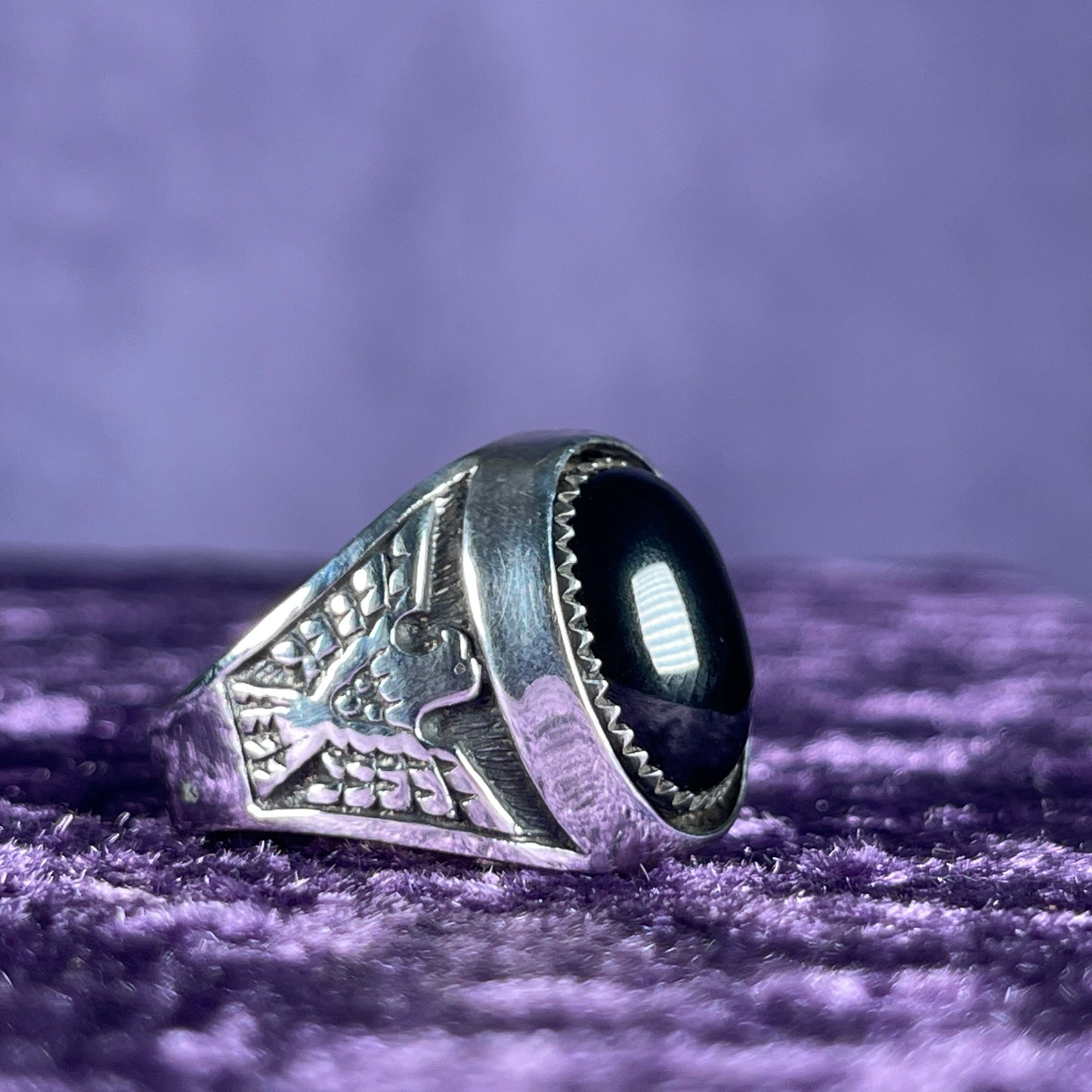 Native American Contemporary Navajo Onyx Shadow Box Thunderbird 925 Silver Ring Size Z + 1 / 13