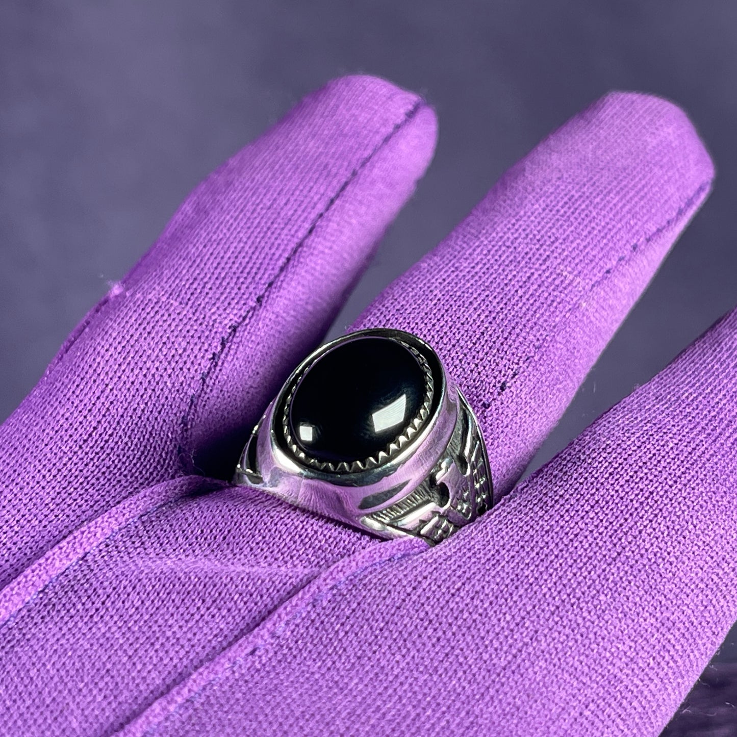 Native American Contemporary Navajo Onyx Shadow Box Thunderbird 925 Silver Ring Size Z + 1 / 13