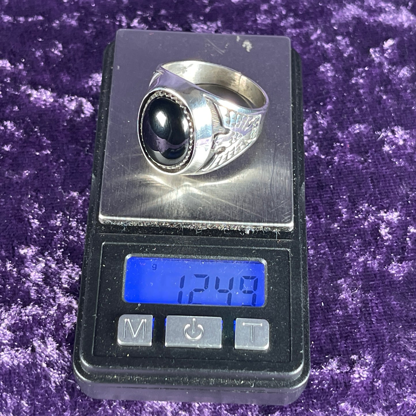 Native American Contemporary Navajo Onyx Shadow Box Thunderbird 925 Silver Ring Size Z + 1 / 13