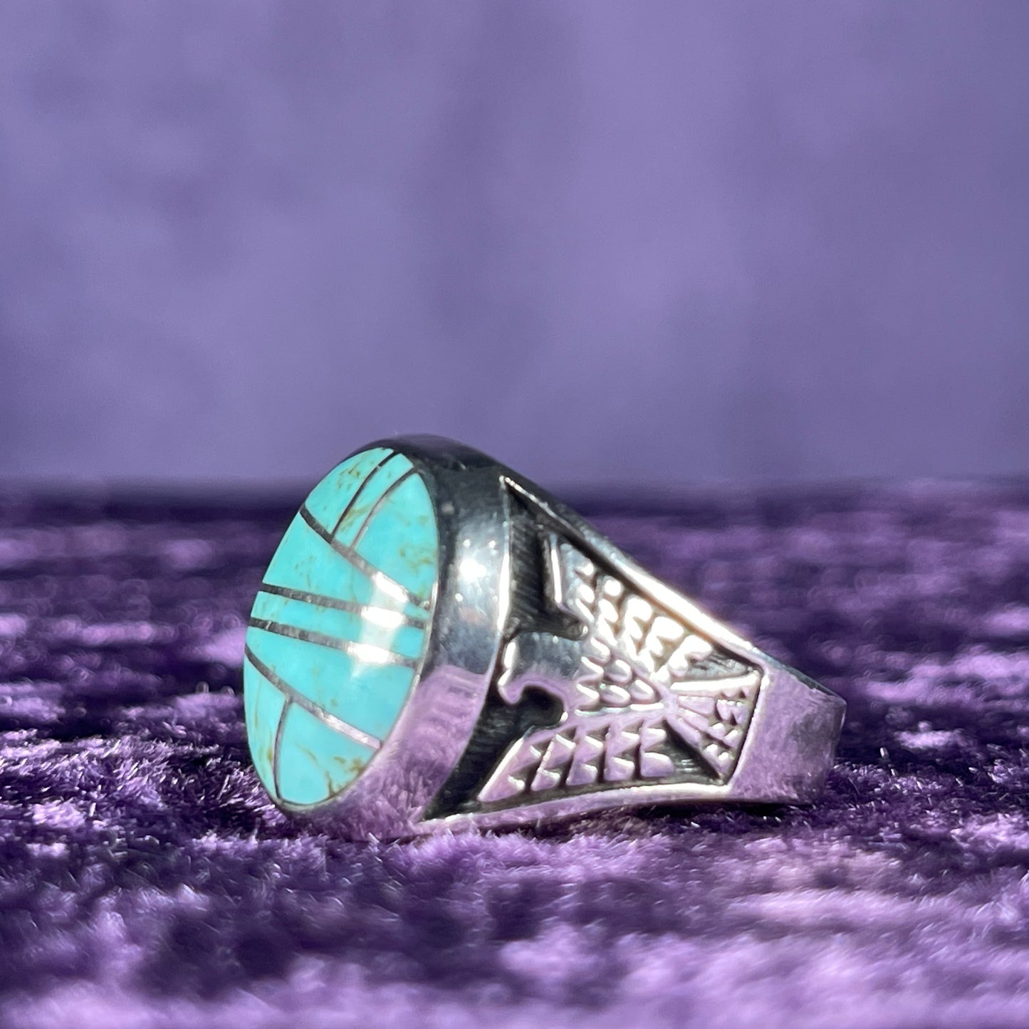 Native American Contemporary Navajo Turquoise Thunderbird 925 Silver Ring Size Z / 12.5