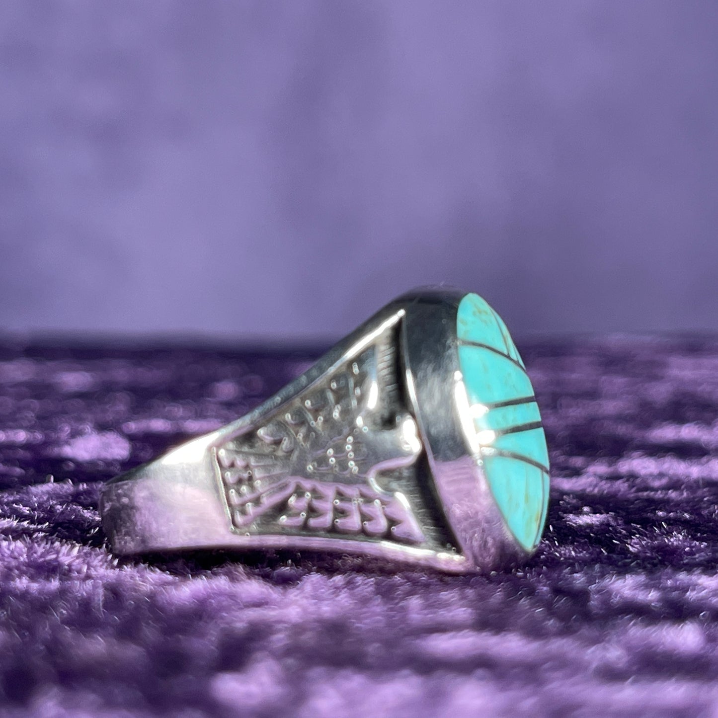 Native American Contemporary Navajo Turquoise Thunderbird 925 Silver Ring Size Z / 12.5