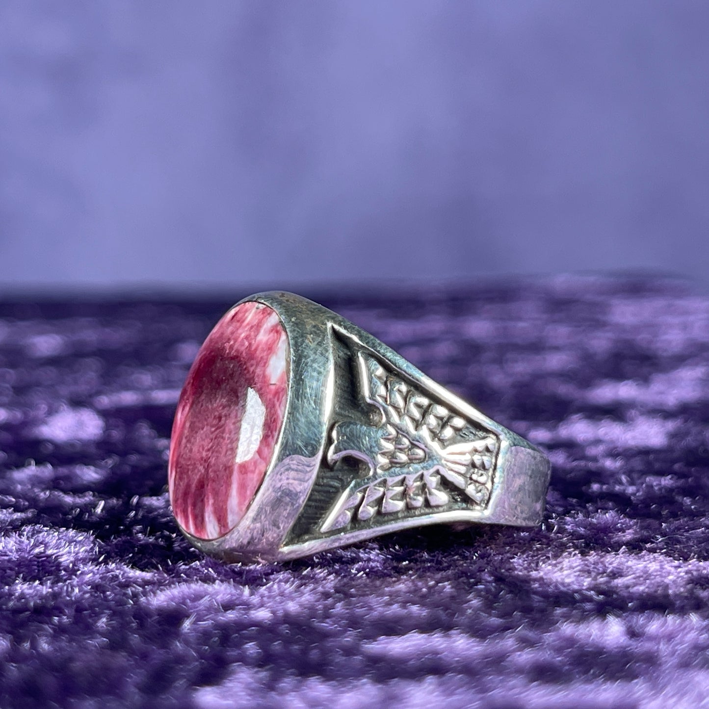 Native American Contemporary Navajo Petrified Wood Thunderbird 925 Silver Ring Size Z / 12.5