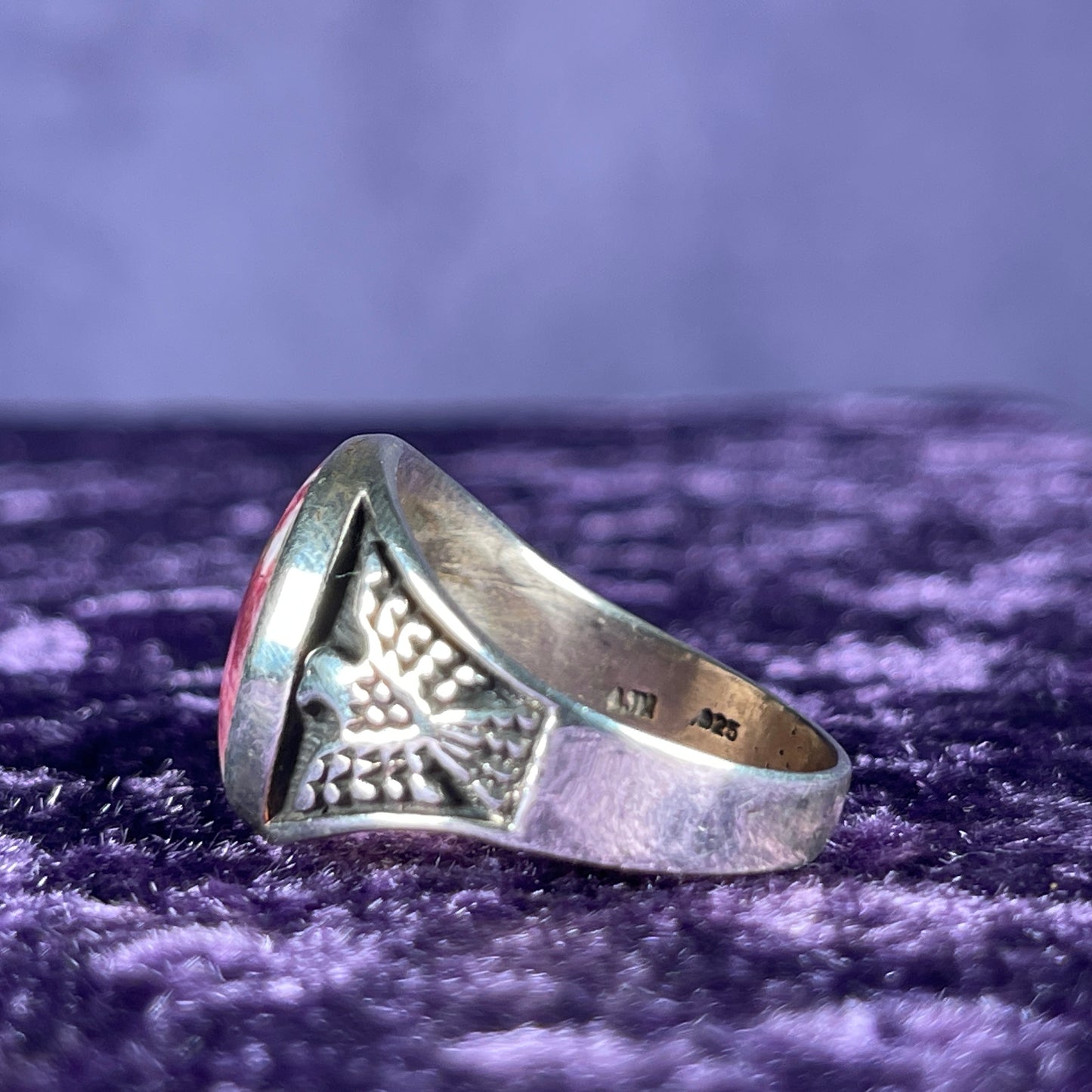 Native American Contemporary Navajo Petrified Wood Thunderbird 925 Silver Ring Size Z / 12.5