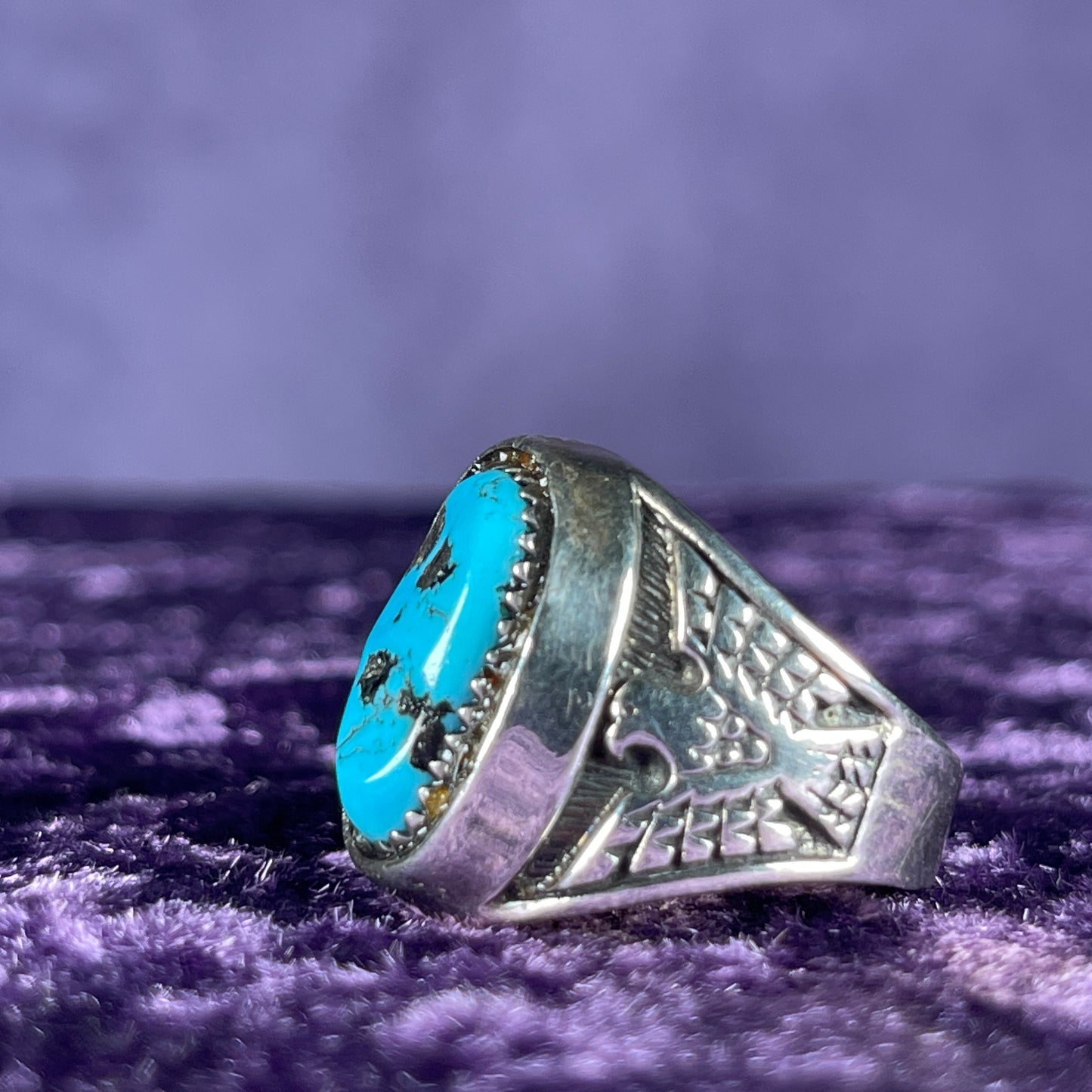 Native American Contemporary Navajo Turquoise Pallasite Meteorite Shadow Box Thunderbird 925 Silver Ring Size W 1/2 / 11.25
