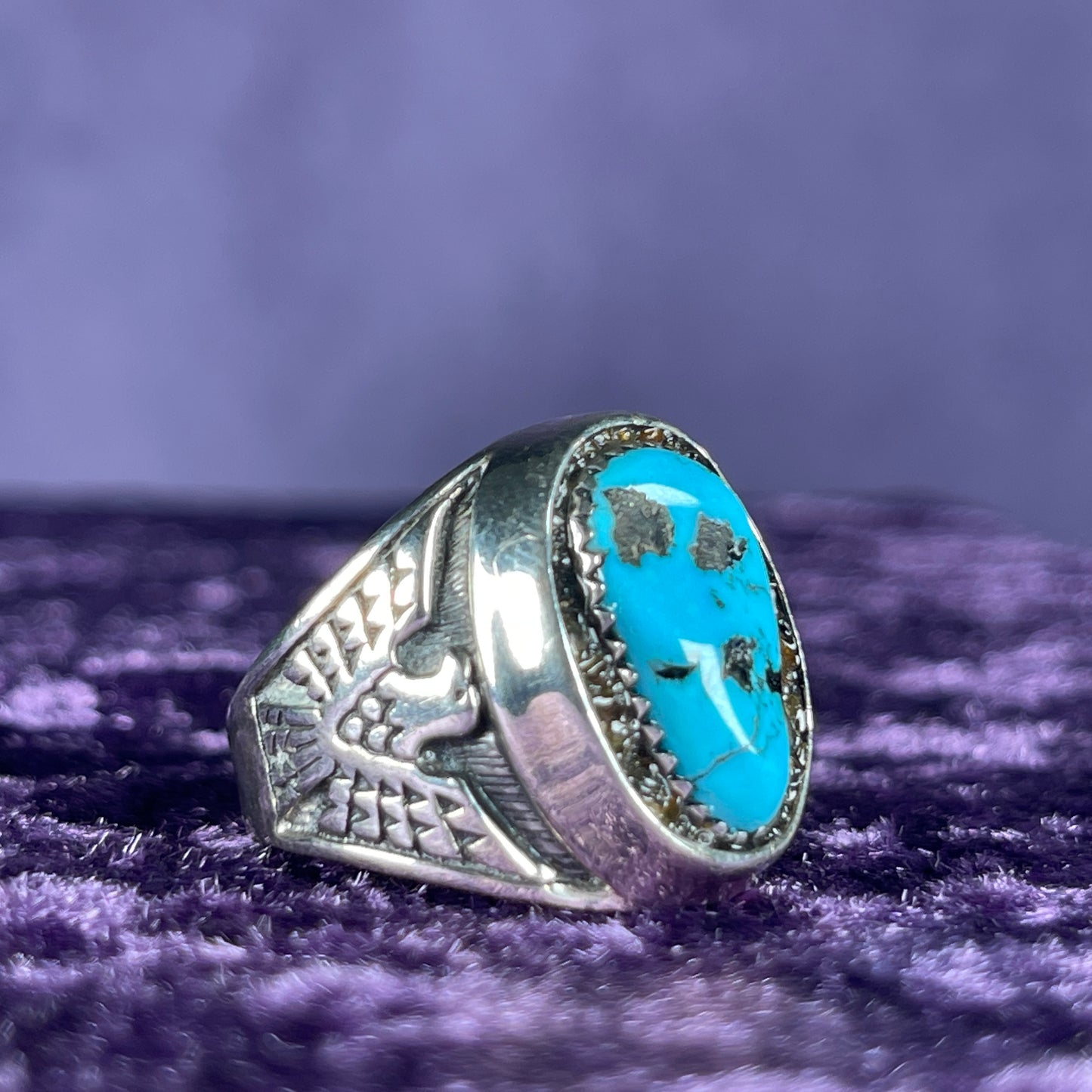 Native American Contemporary Navajo Turquoise Pallasite Meteorite Shadow Box Thunderbird 925 Silver Ring Size W 1/2 / 11.25