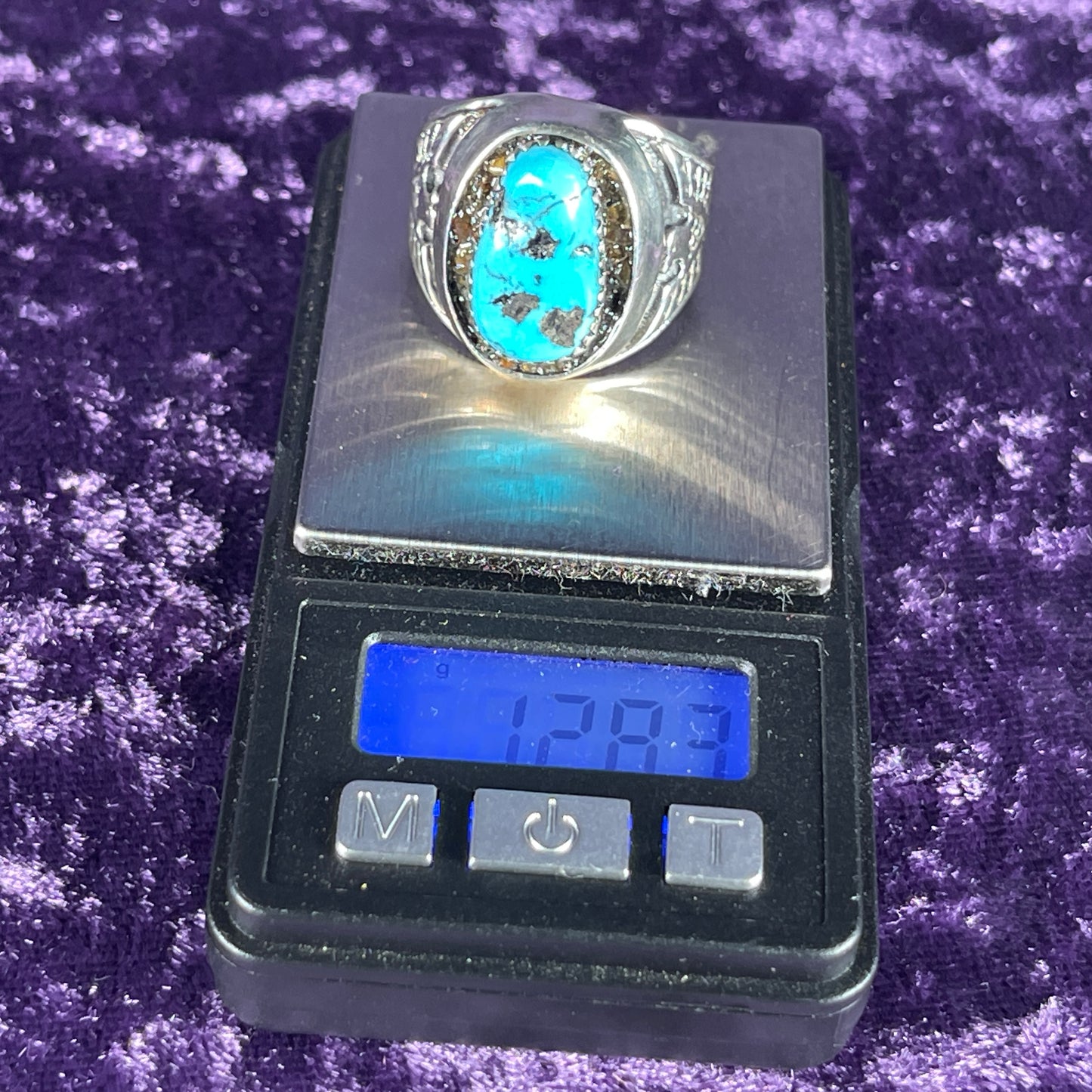 Native American Contemporary Navajo Turquoise Pallasite Meteorite Shadow Box Thunderbird 925 Silver Ring Size W 1/2 / 11.25