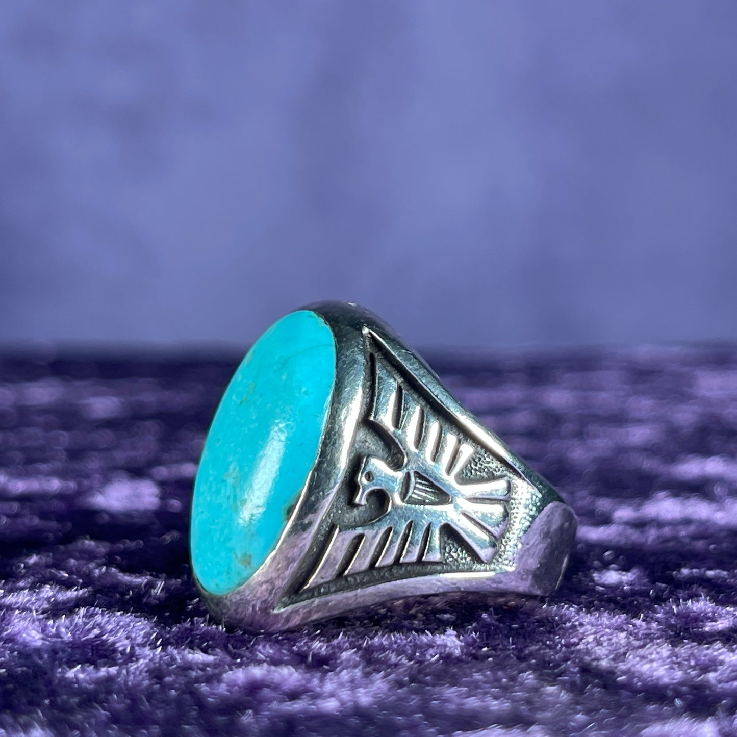 Vintage Navajo Native American Bell Trading Post Thunderbird Turquoise Sterling Silver 925 Ring Size W / 11 